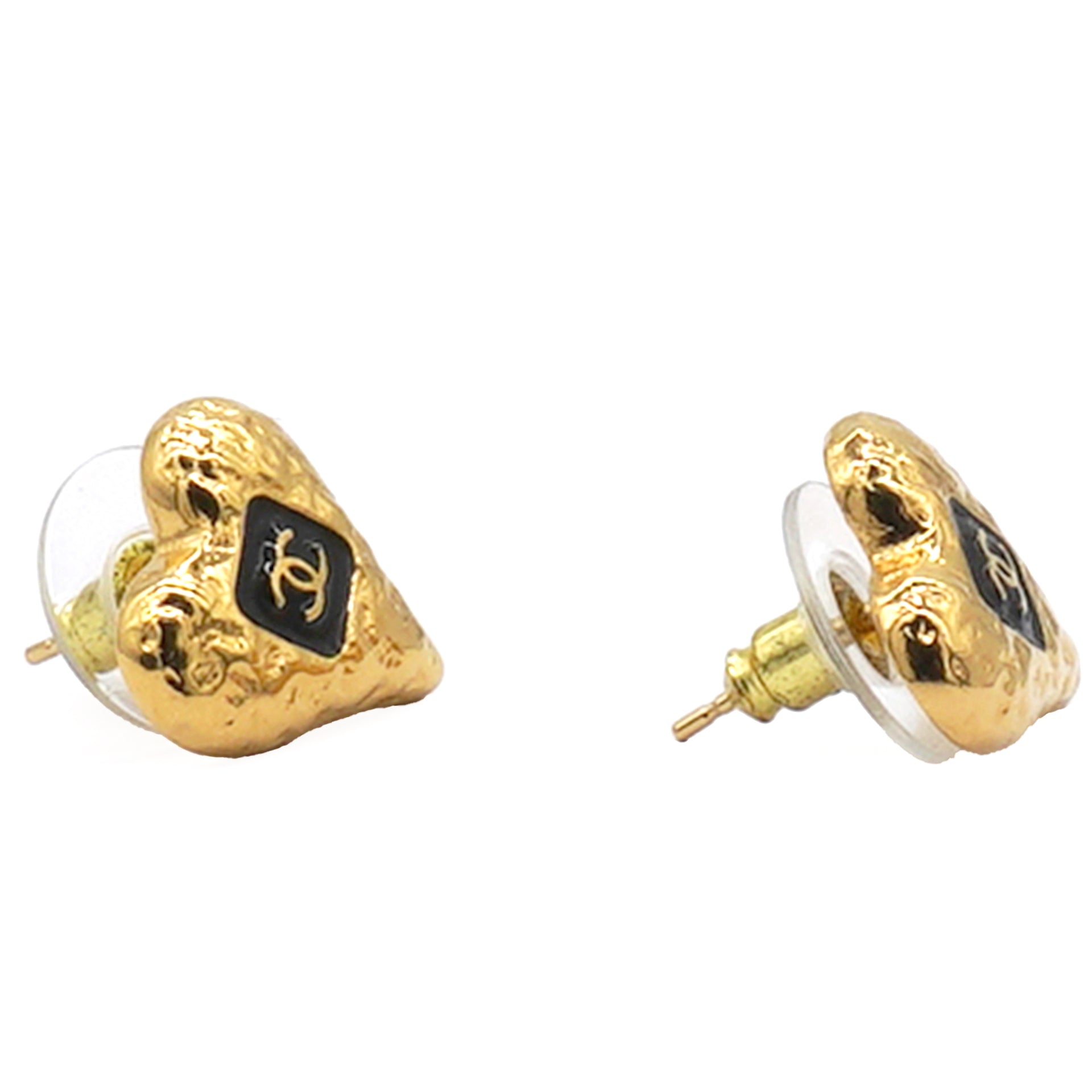 Metal Resin CC Heart Earrings Gold Black