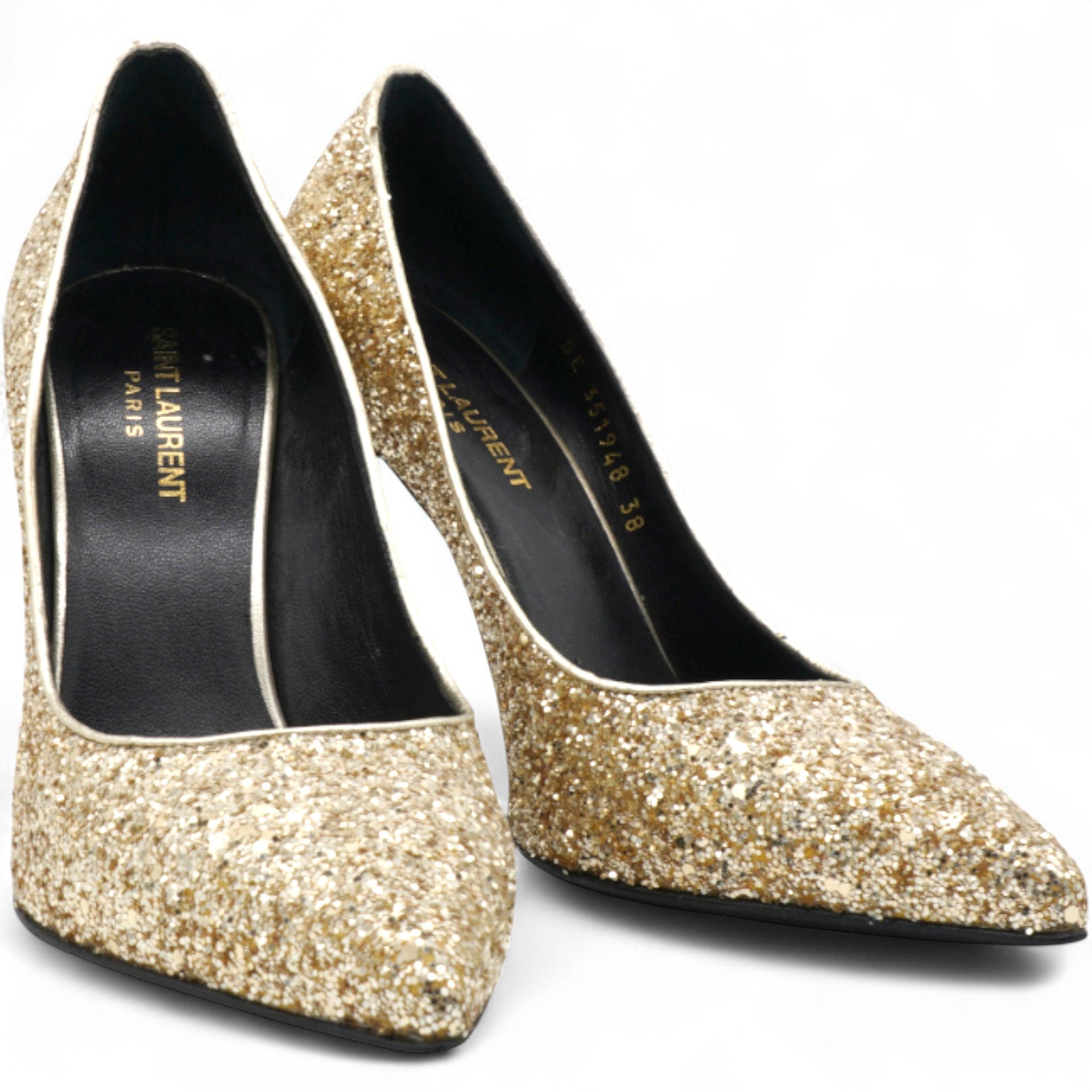 Gold Glitter Pointed Toe Heels Golden Metallic Size38