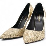 Gold Glitter Pointed Toe Heels Golden Metallic Size38