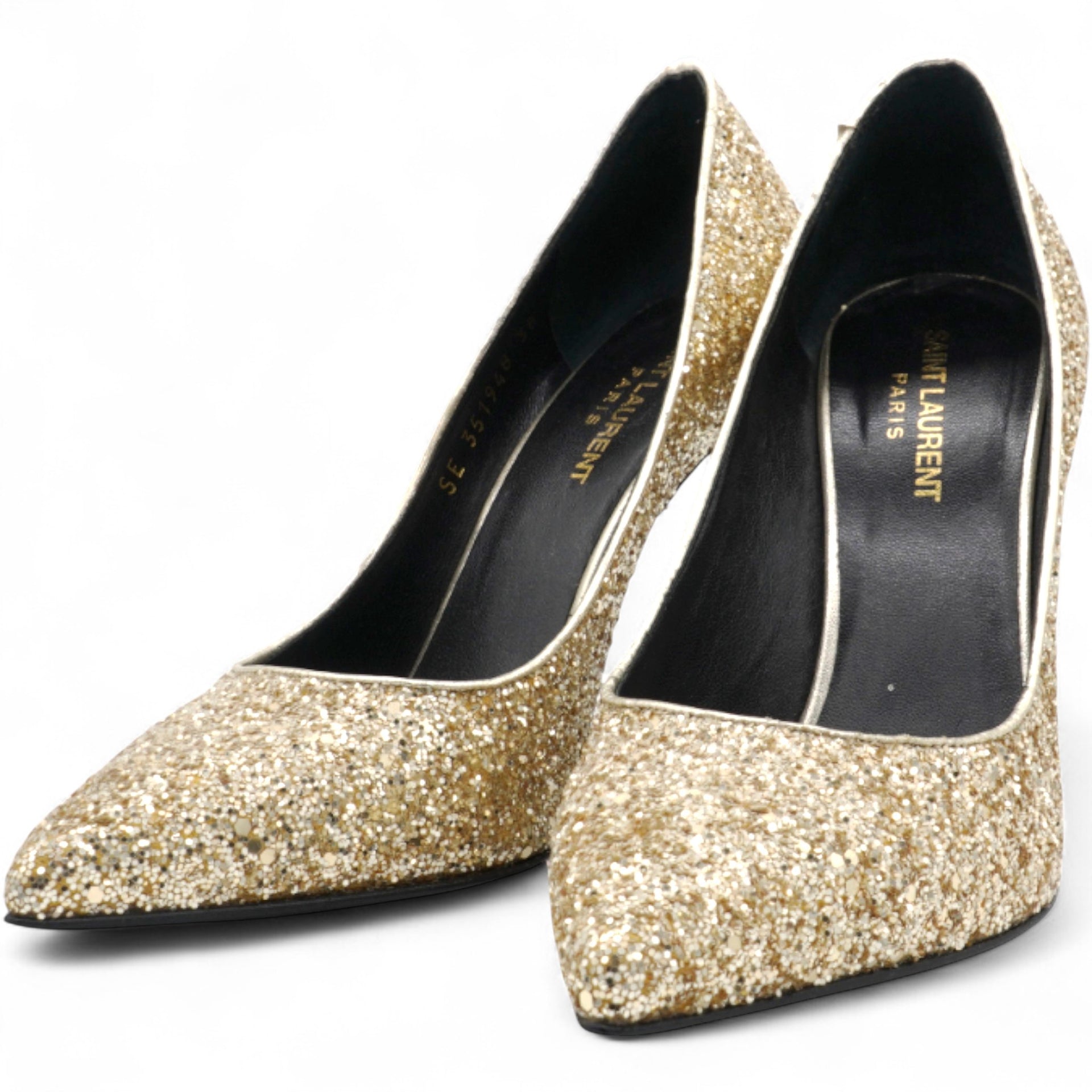 Gold Glitter Pointed Toe Heels Golden Metallic Size38