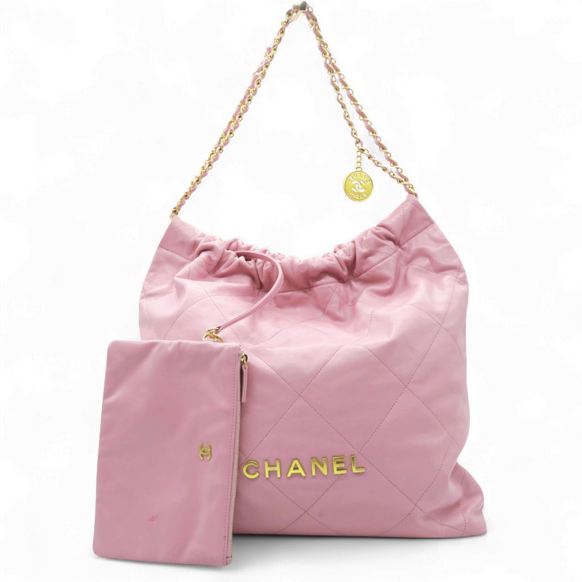 Shiny Quilted Chanel 22 Drawstring Bag Pink large