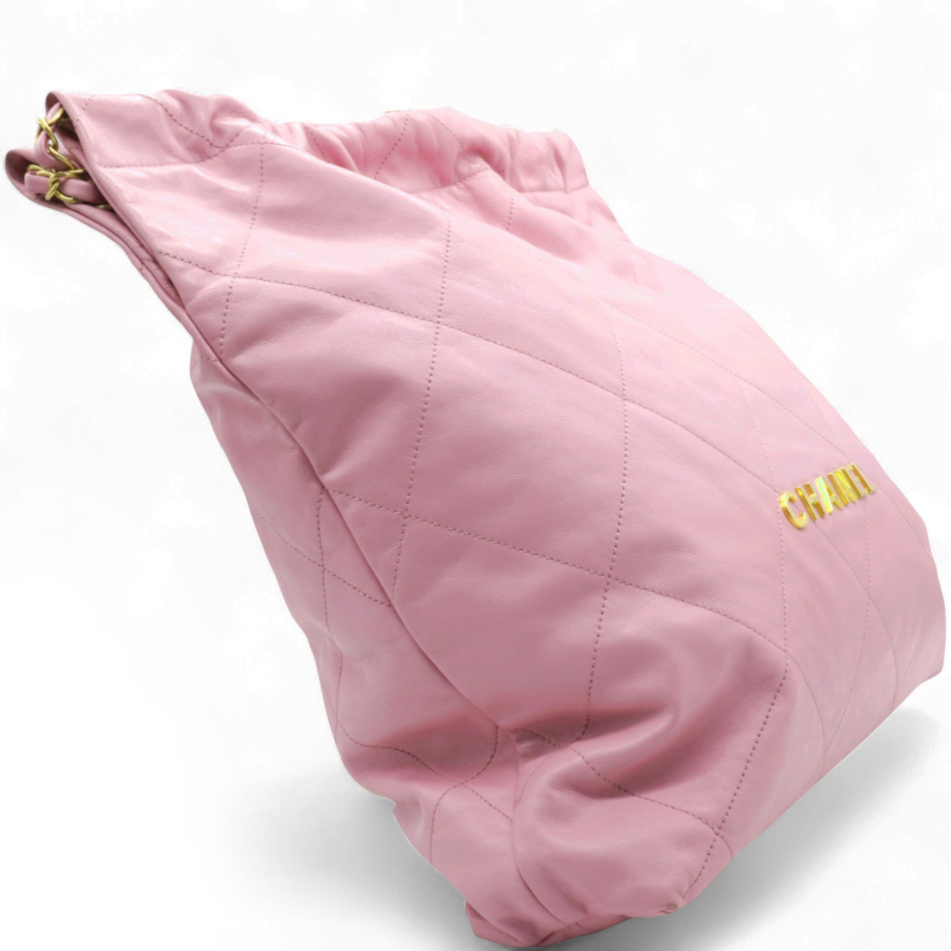 Shiny Quilted Chanel 22 Drawstring Bag Pink large