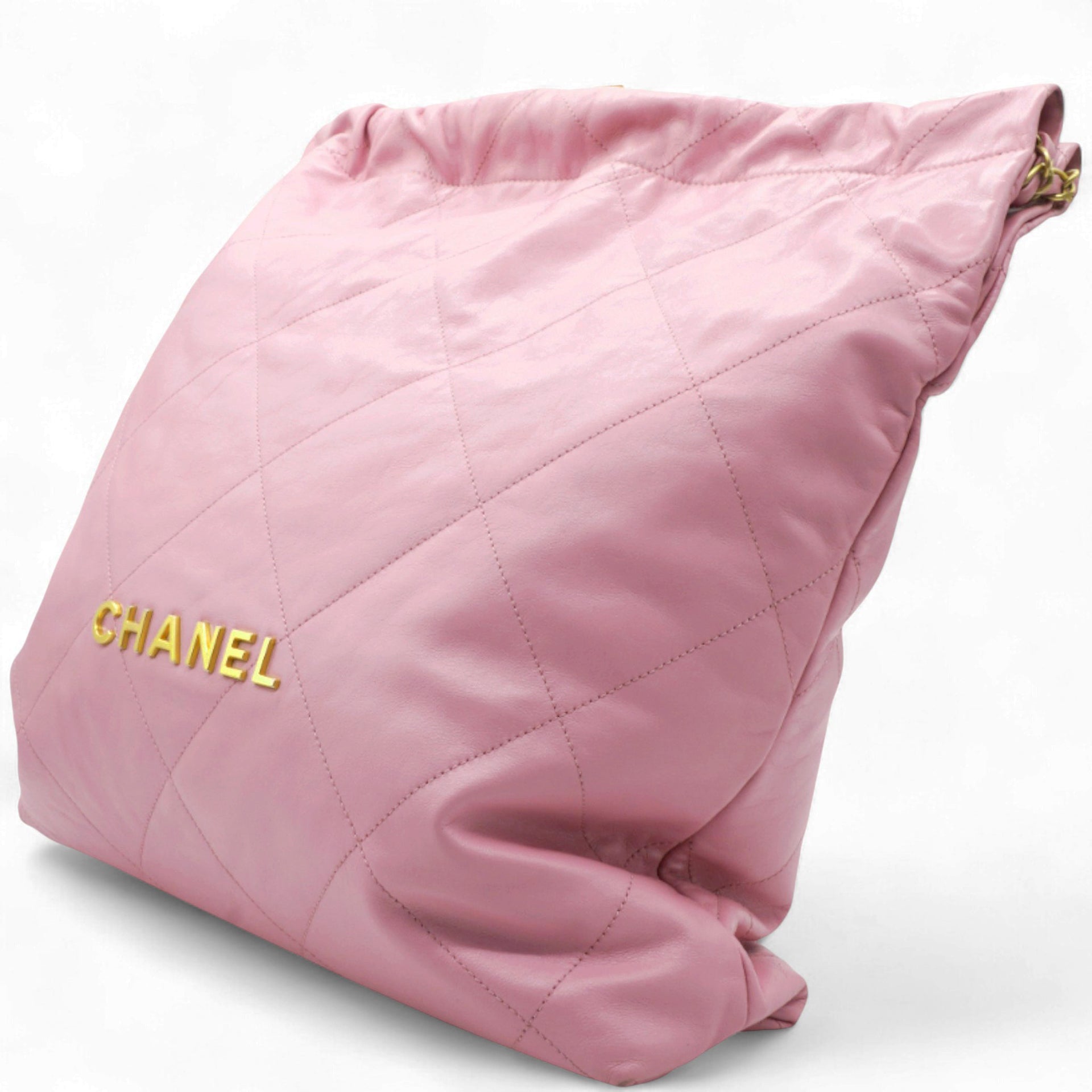 Shiny Quilted Chanel 22 Drawstring Bag Pink large