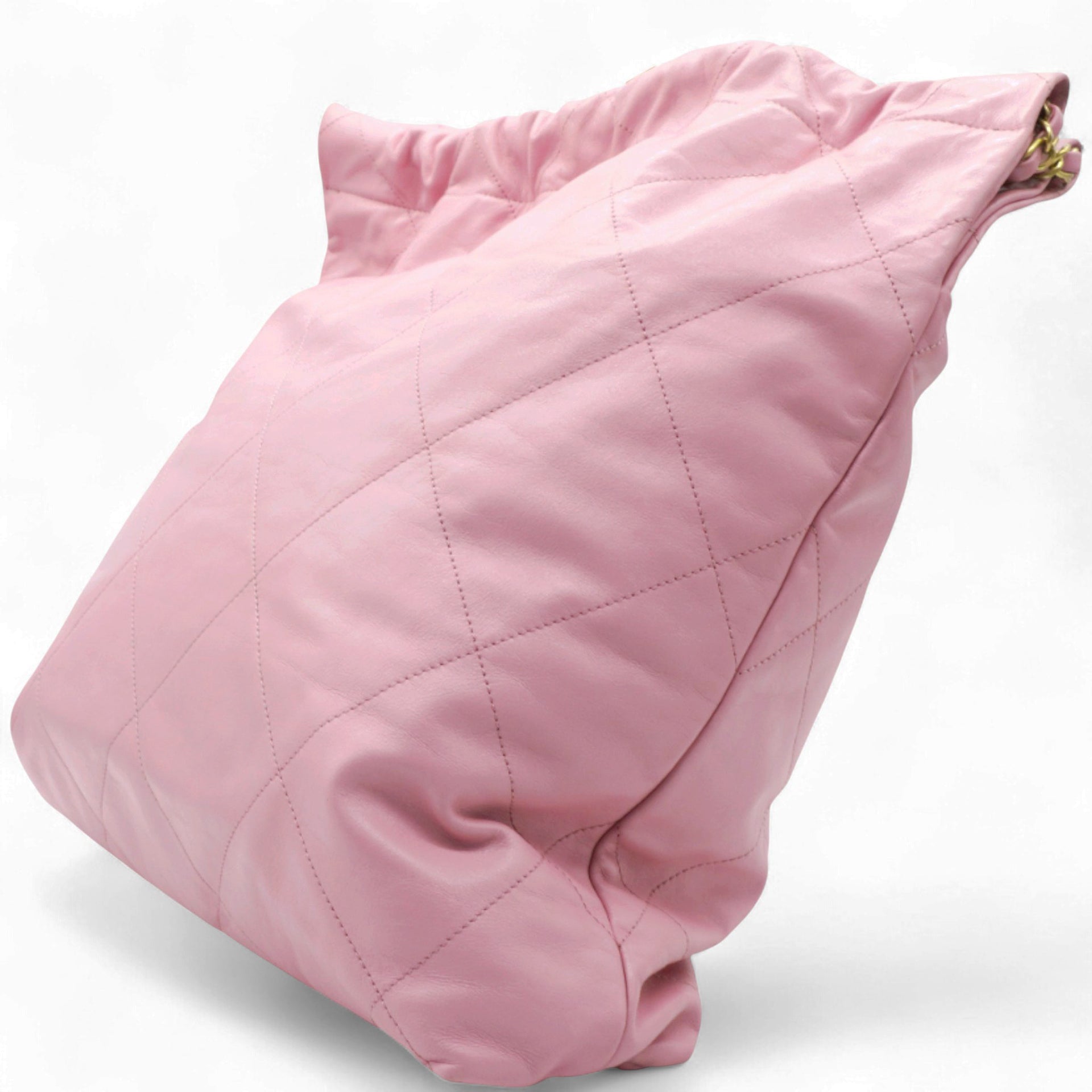 Shiny Quilted Chanel 22 Drawstring Bag Pink large