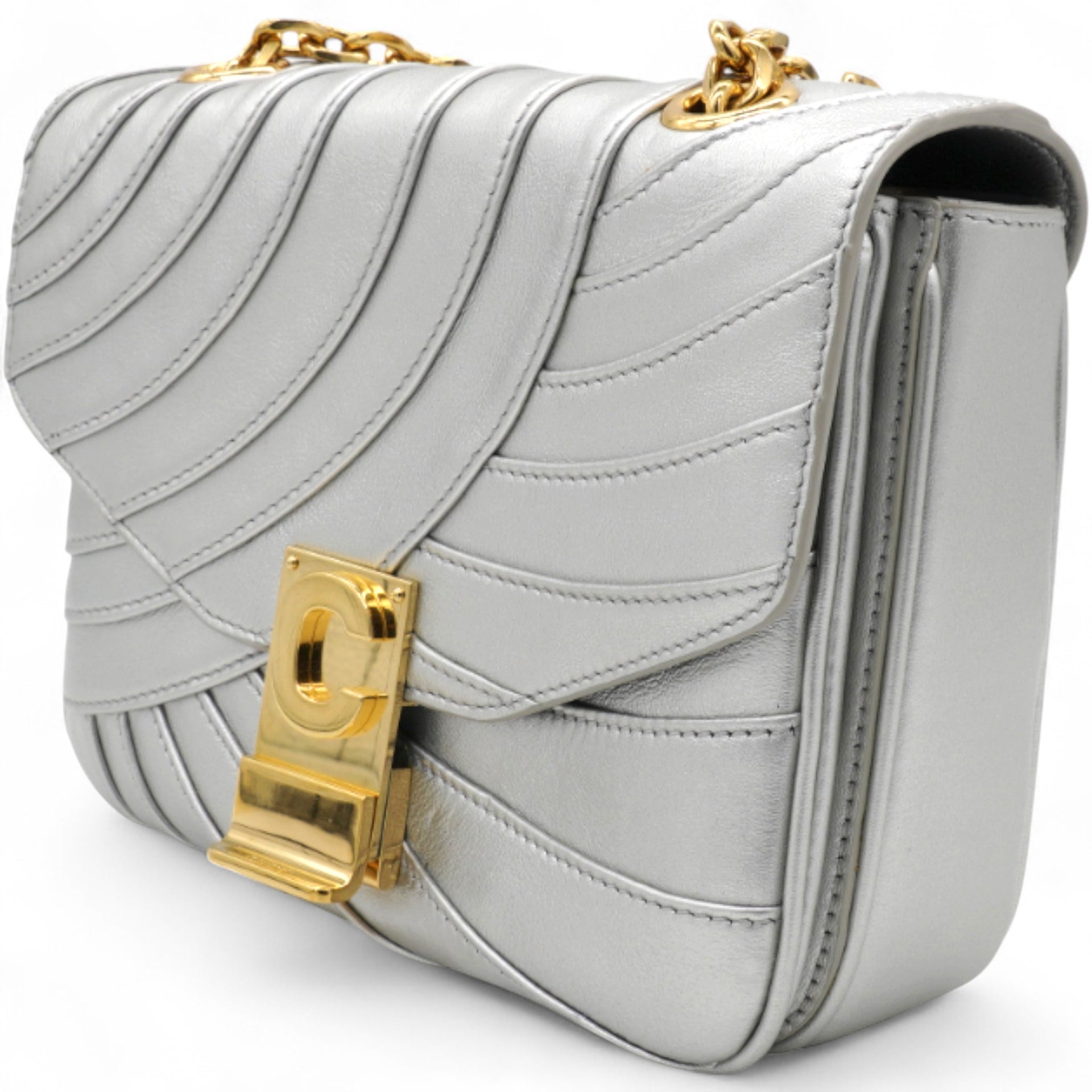 Open Box Laminated Quilted Leather Shoulder Bag Silver