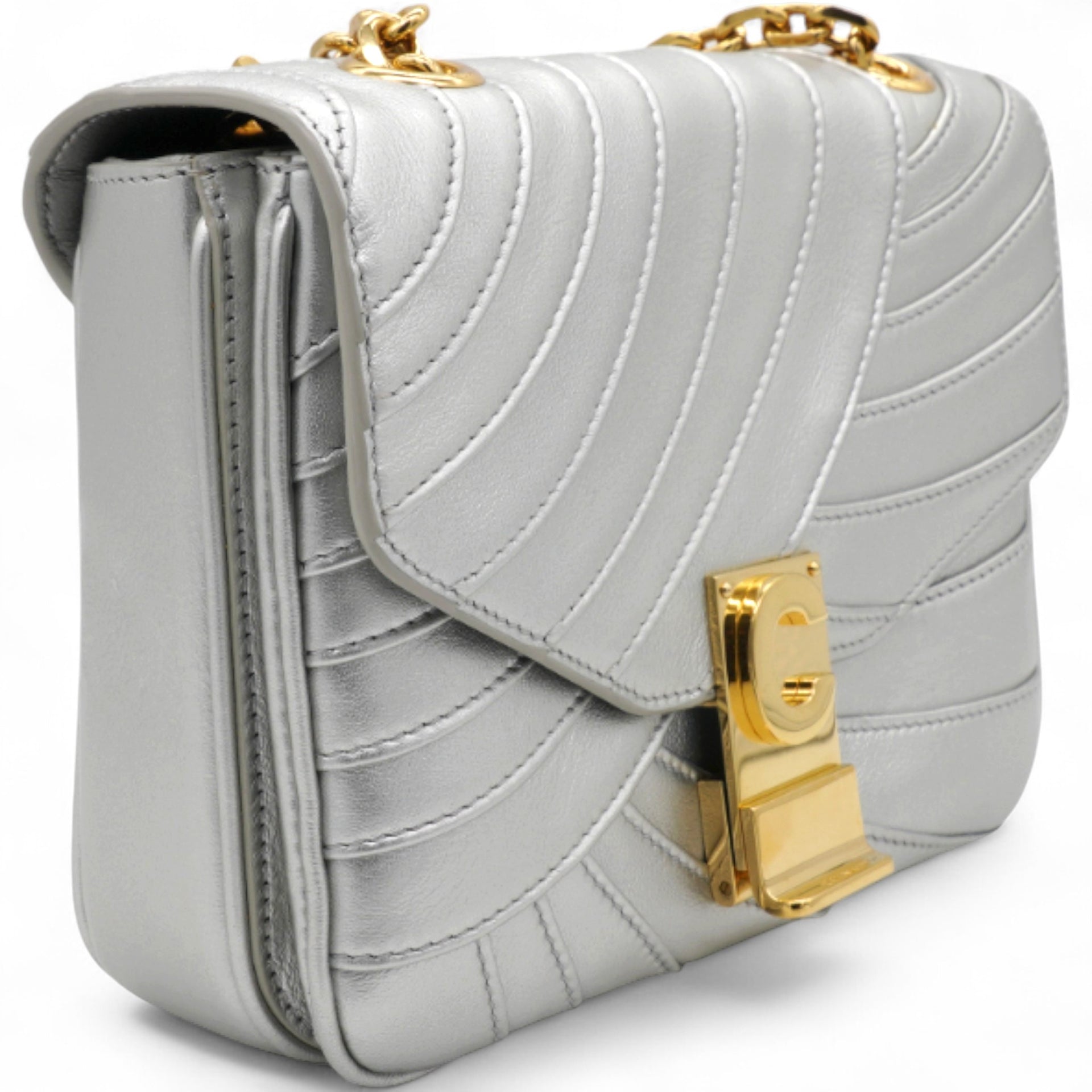 Open Box Laminated Quilted Leather Shoulder Bag Silver