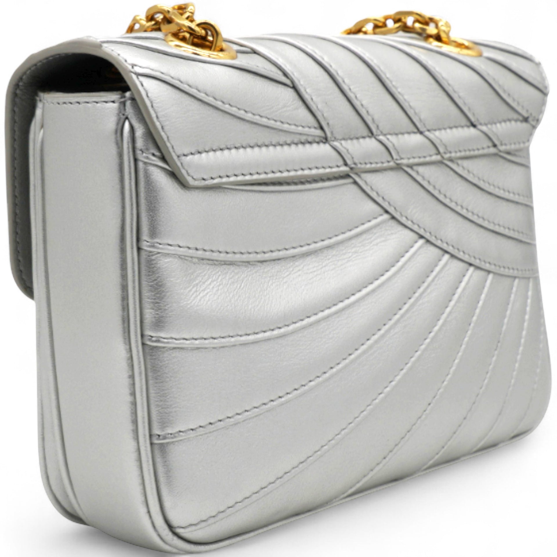 Open Box Laminated Quilted Leather Shoulder Bag Silver