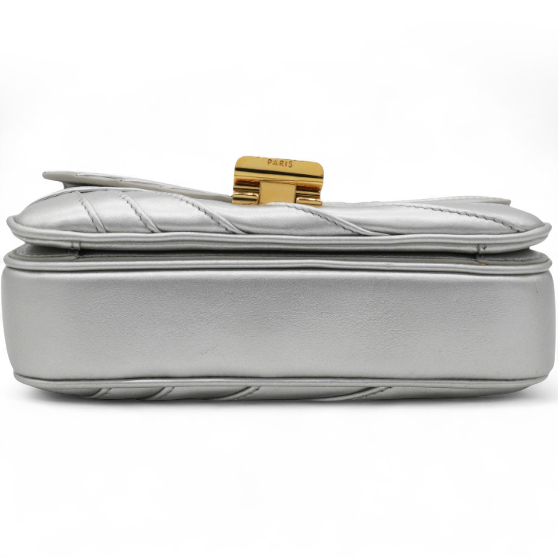 Open Box Laminated Quilted Leather Shoulder Bag Silver