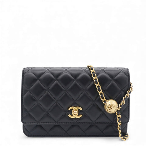 Quilted CC Pearl Crush Wallet on Chain WOC Black