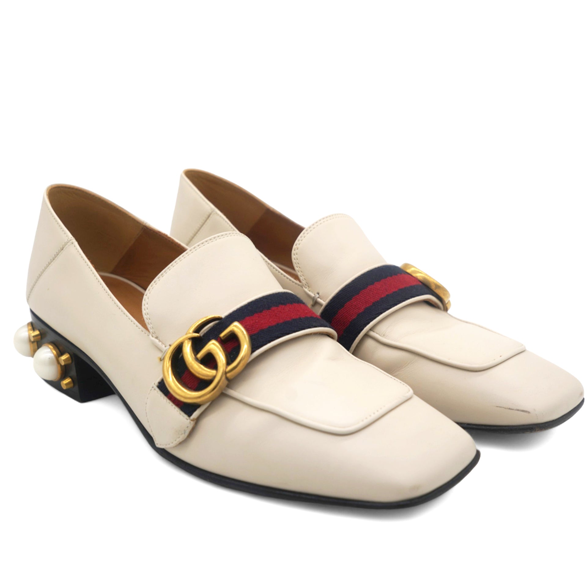 Beige Leather Peyton GG Sylvie Pearl Studded Loafer 38
