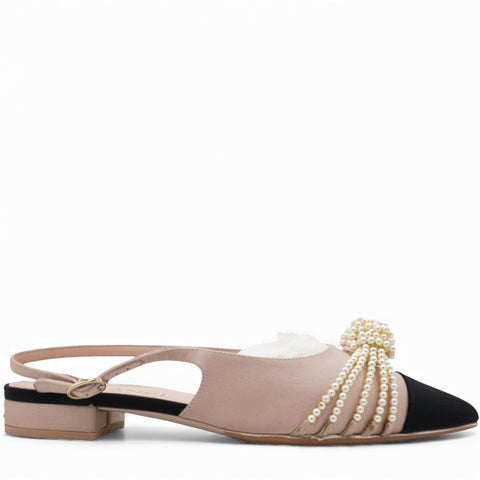 Satin Grosgrain Pearl Slingback Flats Pink/Black Size36.5