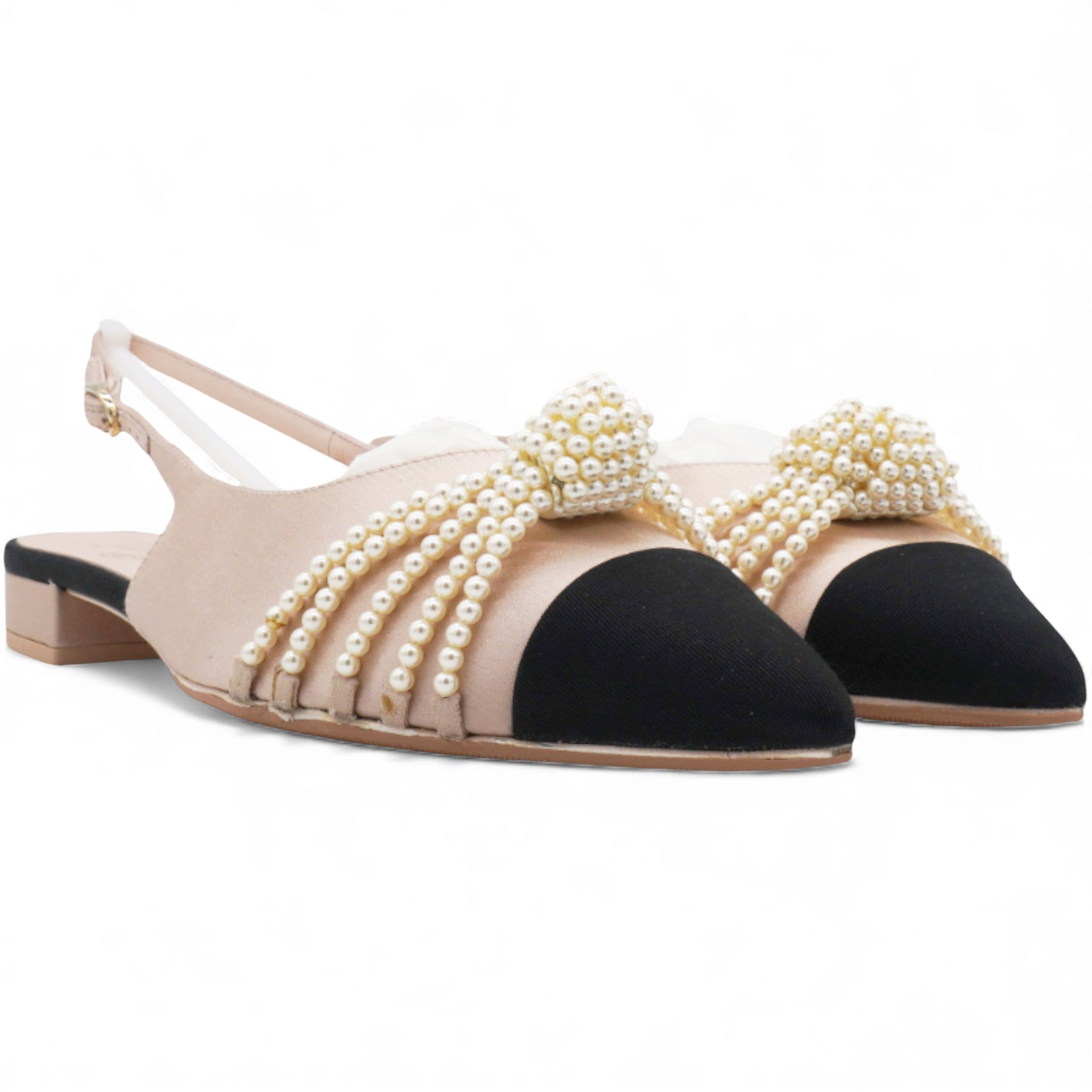 Satin Grosgrain Pearl Slingback Flats Pink/Black Size36.5