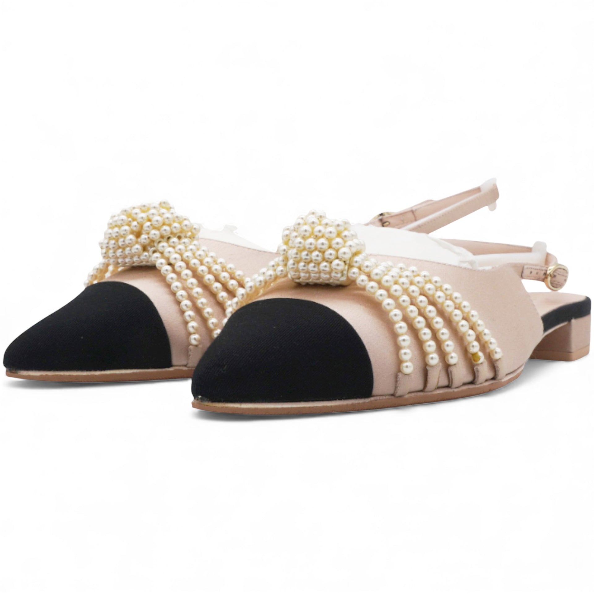 Satin Grosgrain Pearl Slingback Flats Pink/Black Size36.5