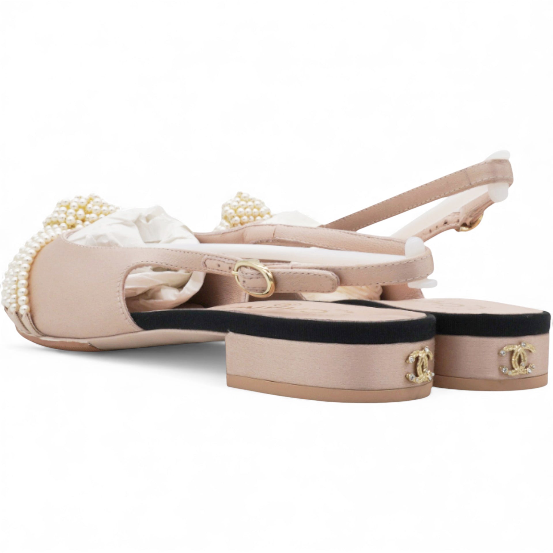 Satin Grosgrain Pearl Slingback Flats Pink/Black Size36.5