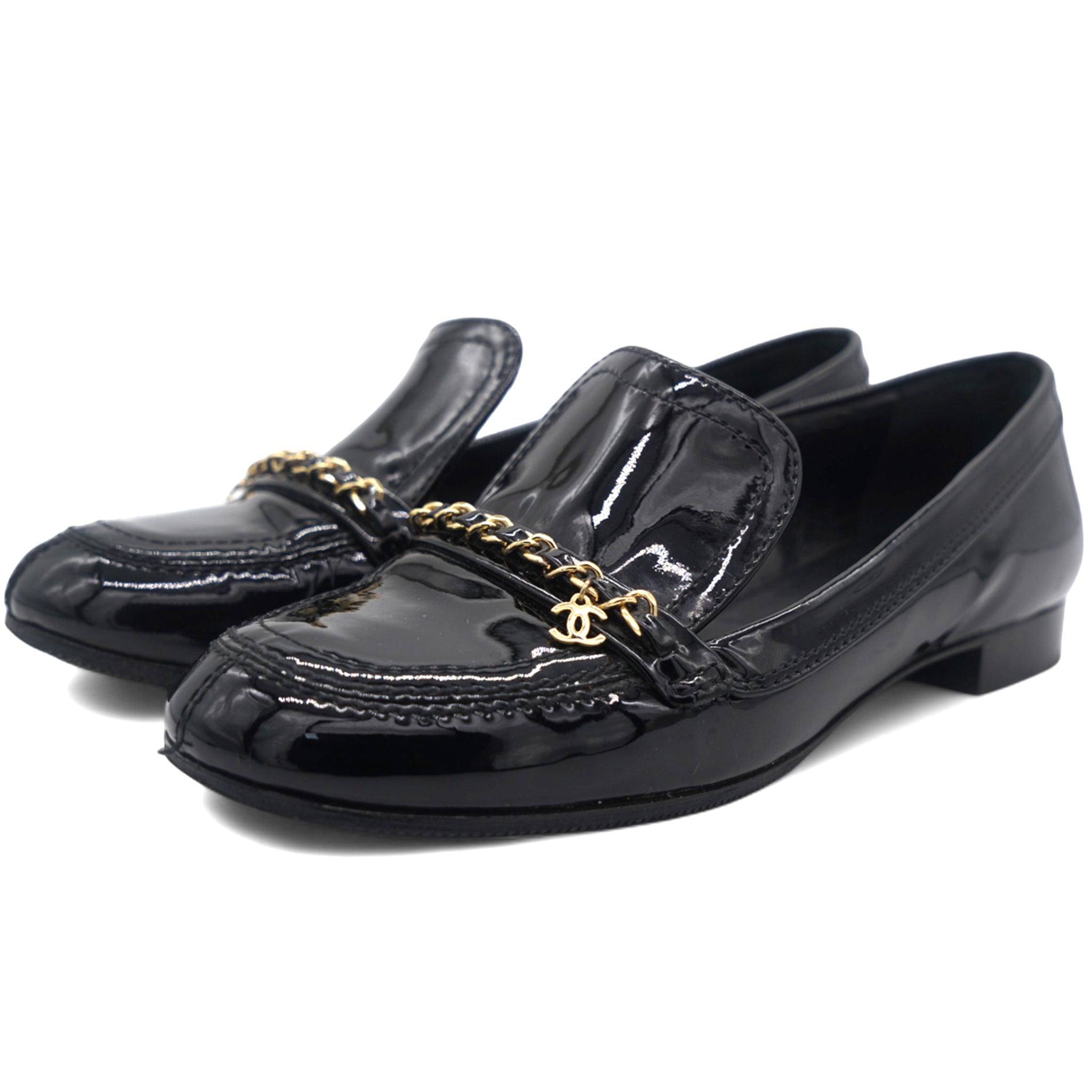 Black Leather Chain Detail Flat Loafers 37.5