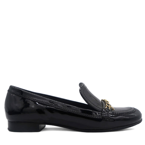 Black Leather Chain Detail Flat Loafers 37.5
