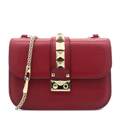 Red Leather Small Rockstud Glam Lock Flap Bag