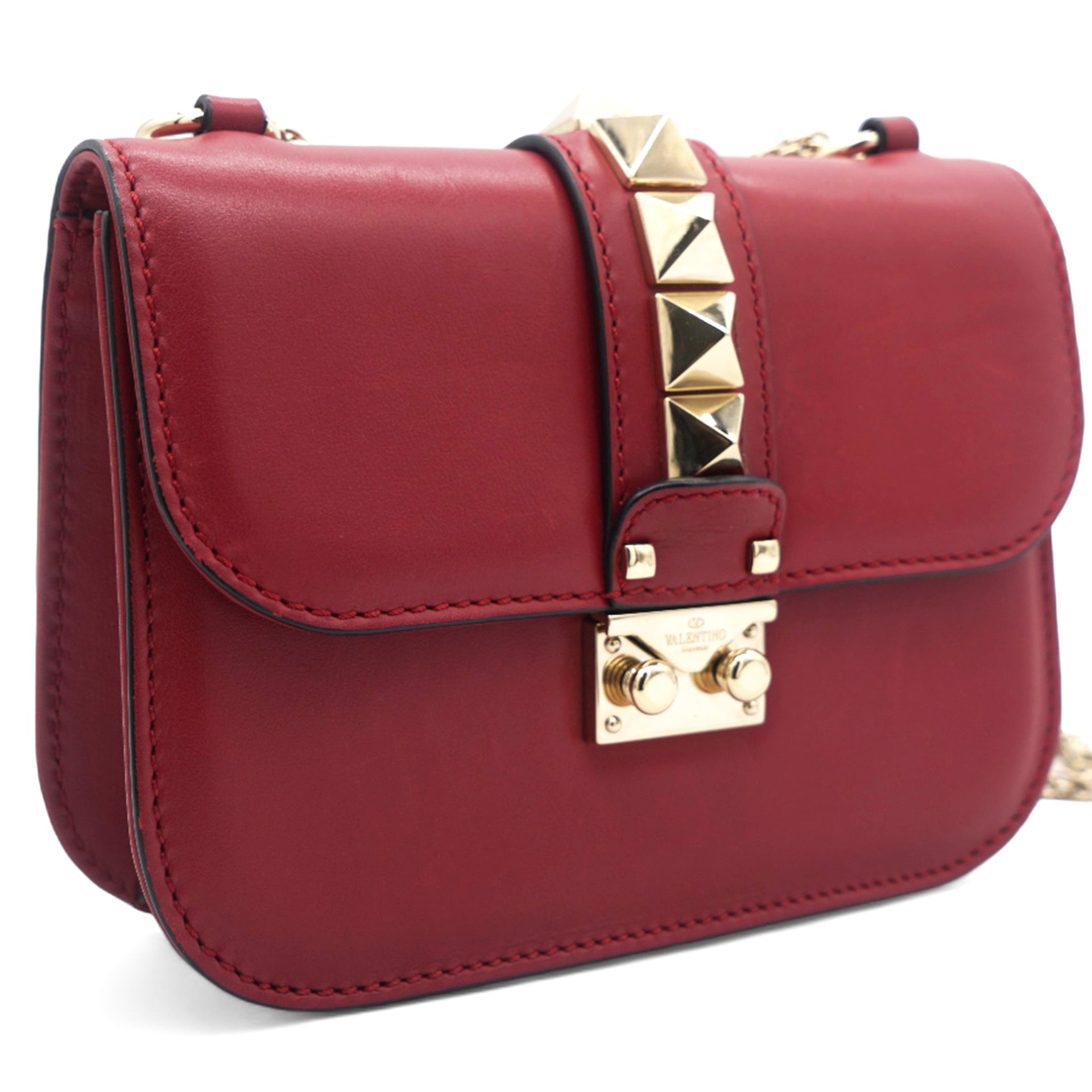 Red Leather Small Rockstud Glam Lock Flap Bag