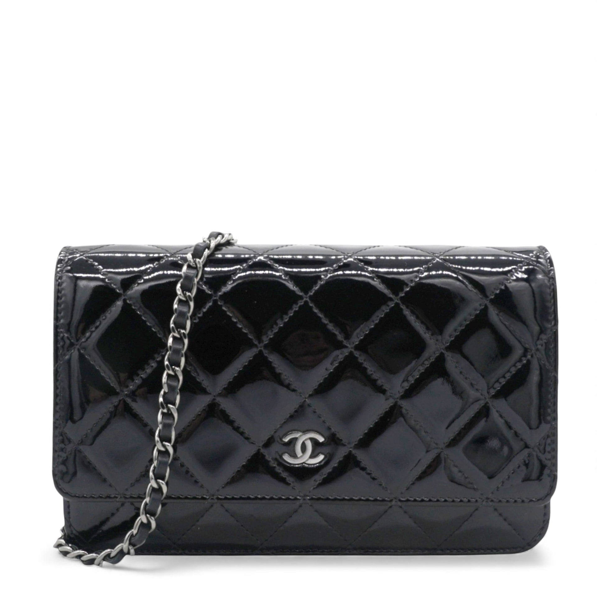 Black Quilted Patent Leather Classic WOC Clutch Bag