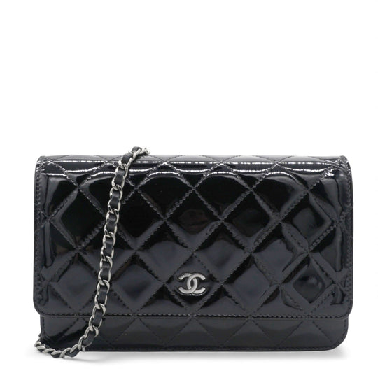 Black Quilted Patent Leather Classic WOC Clutch Bag