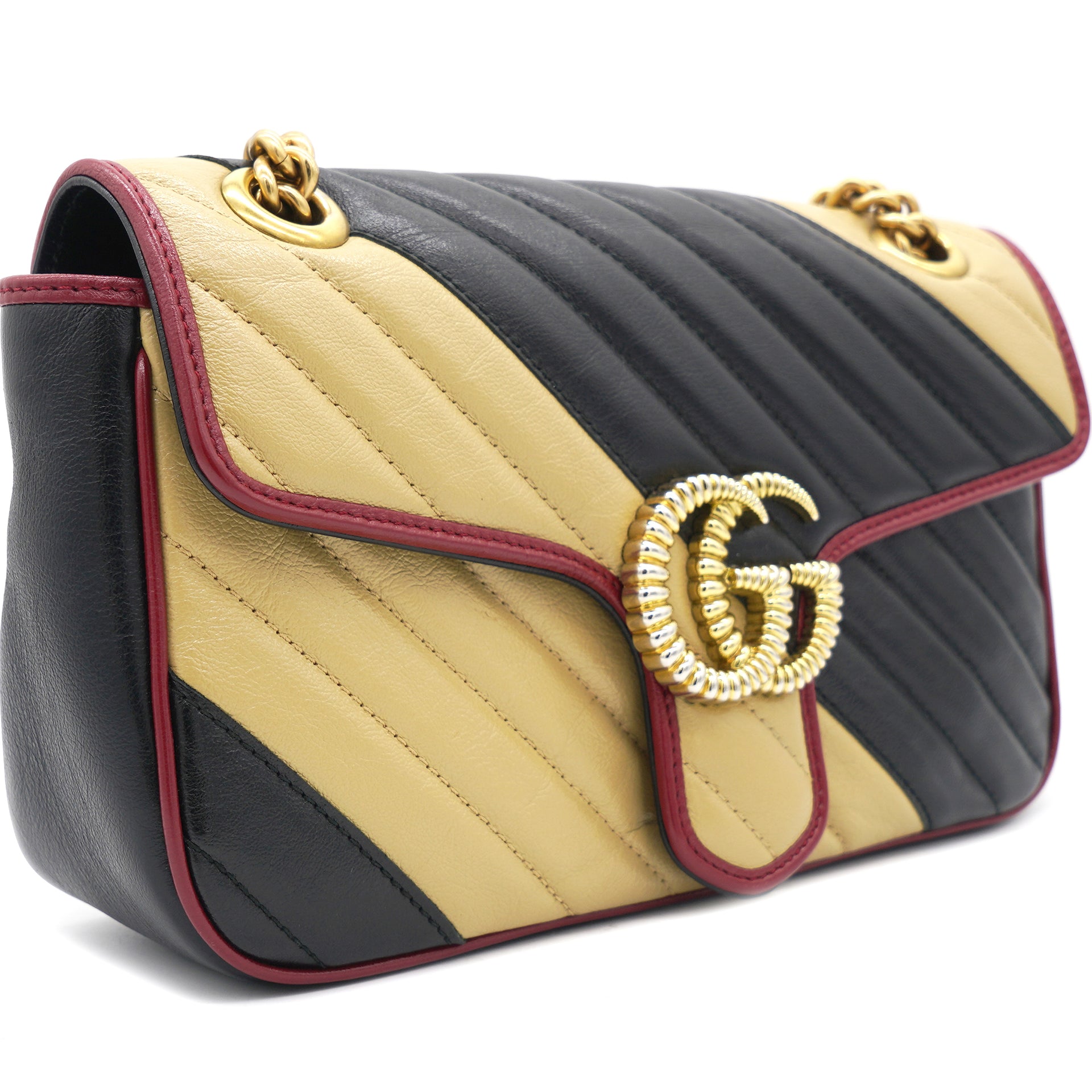 Gucci Monogram Matelasse Diagonal Small GG Marmont Shoulder Bag Beige Black