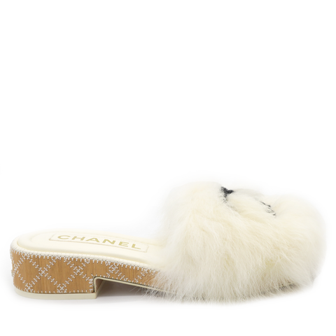 White Shearling Black CC Logo Mule Size37