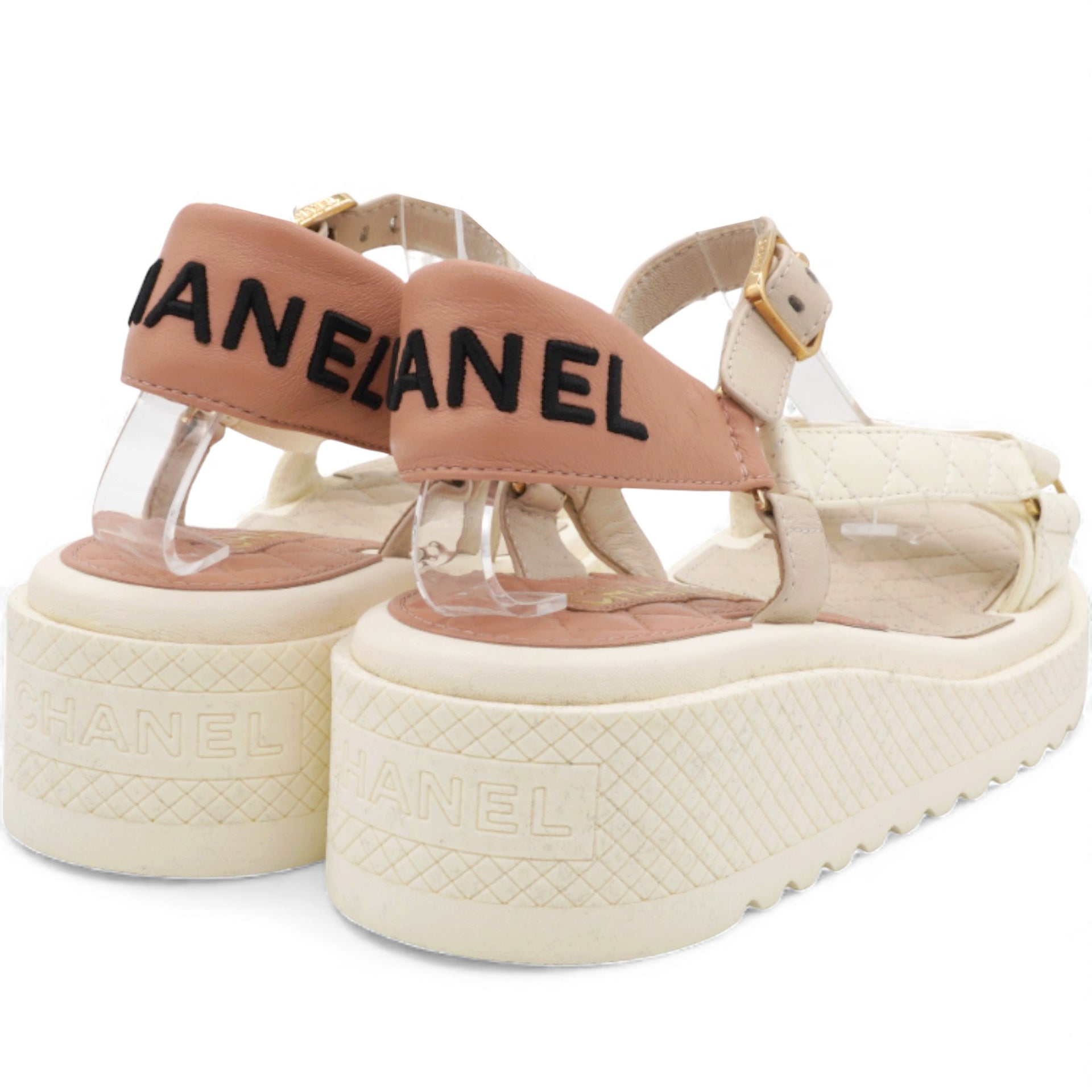 Lambskin Logo Platform Sandals Beige Ivory White Size37