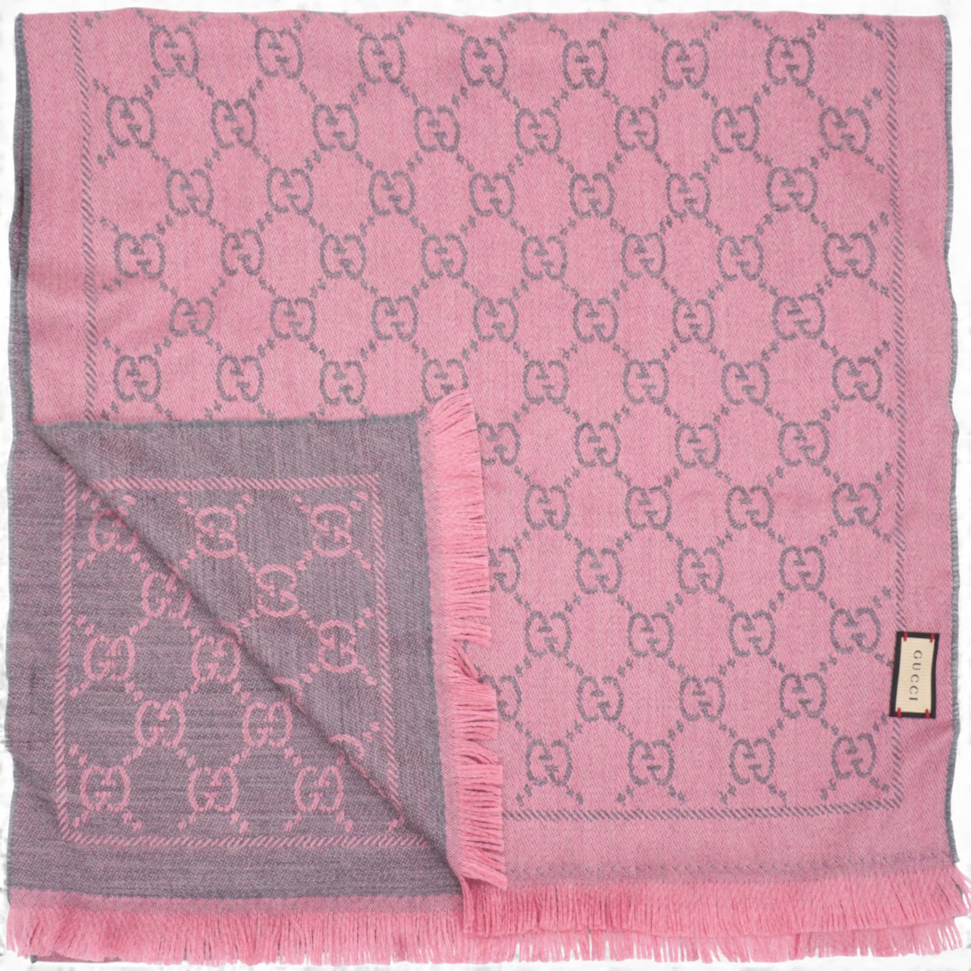 Wool Jacquard GG Monogram Sten Fringe Scarf Graphite