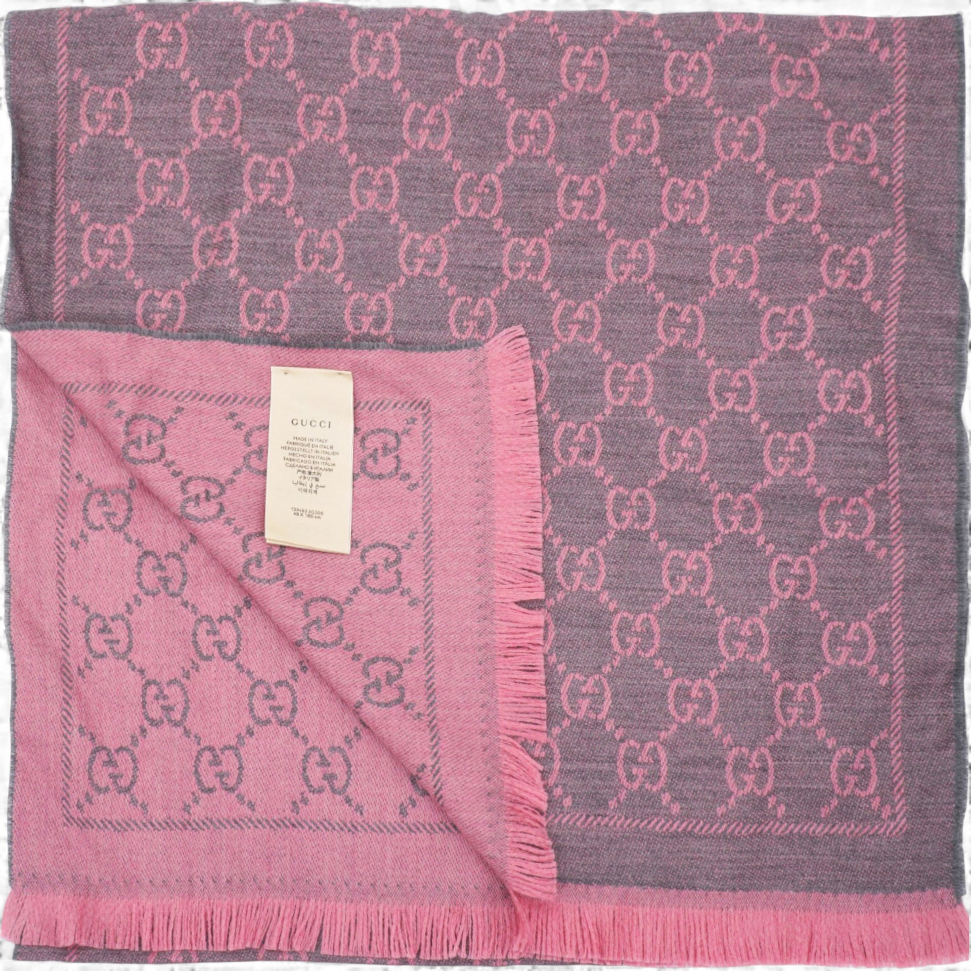 Wool Jacquard GG Monogram Sten Fringe Scarf Graphite