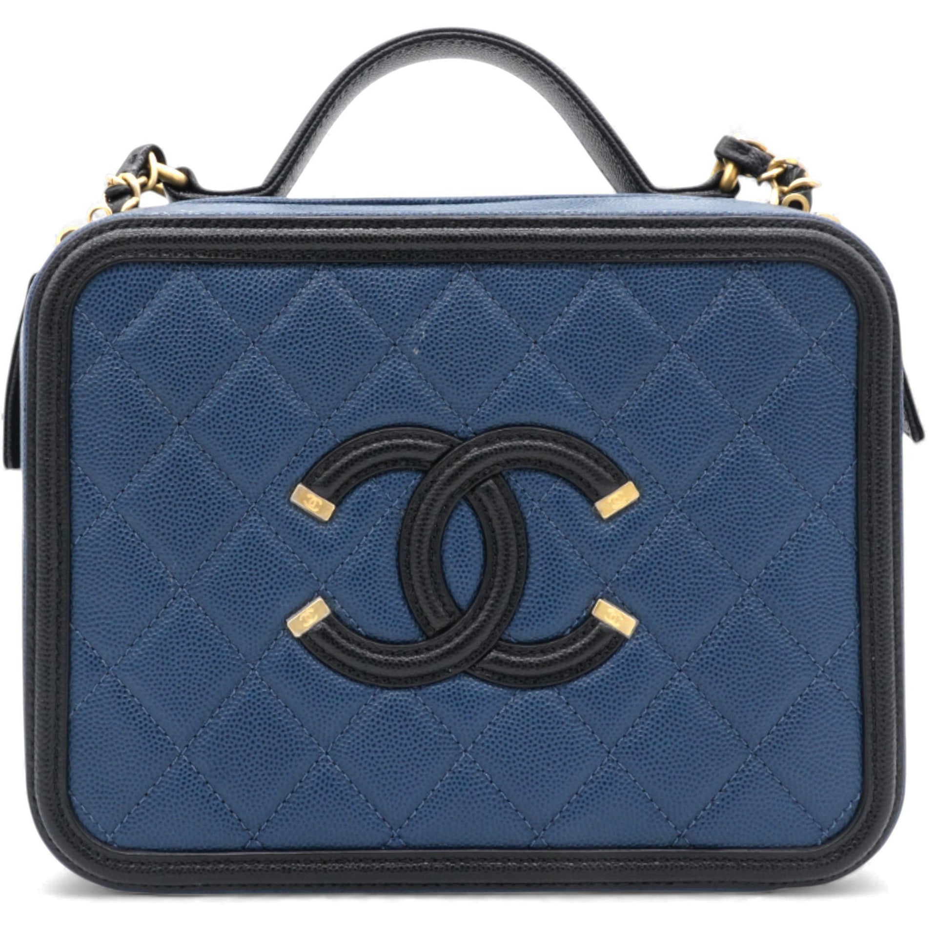 Navy/Black Quilted Caviar Leather Medium CC Filigree Vanity Case Bag