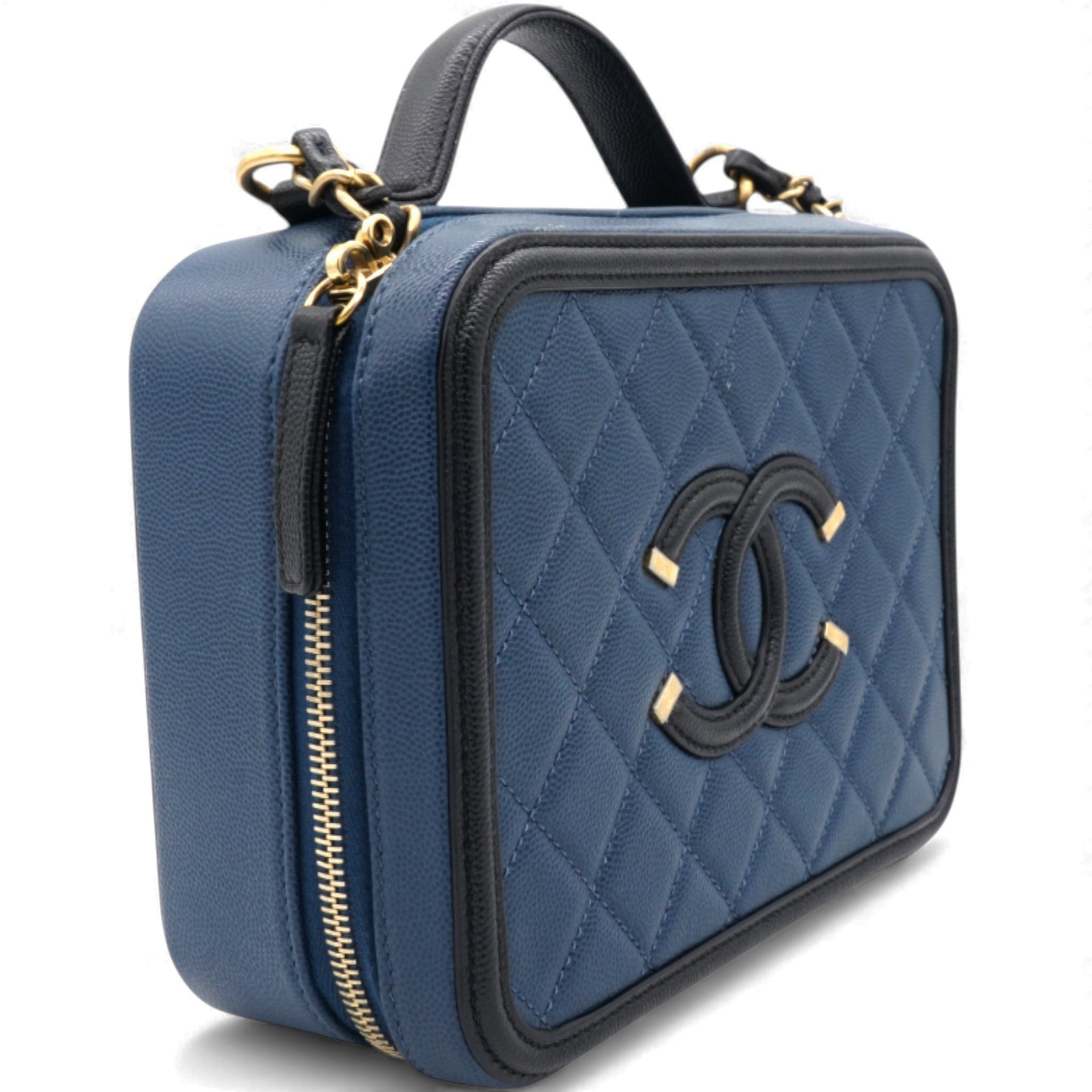 Navy/Black Quilted Caviar Leather Medium CC Filigree Vanity Case Bag