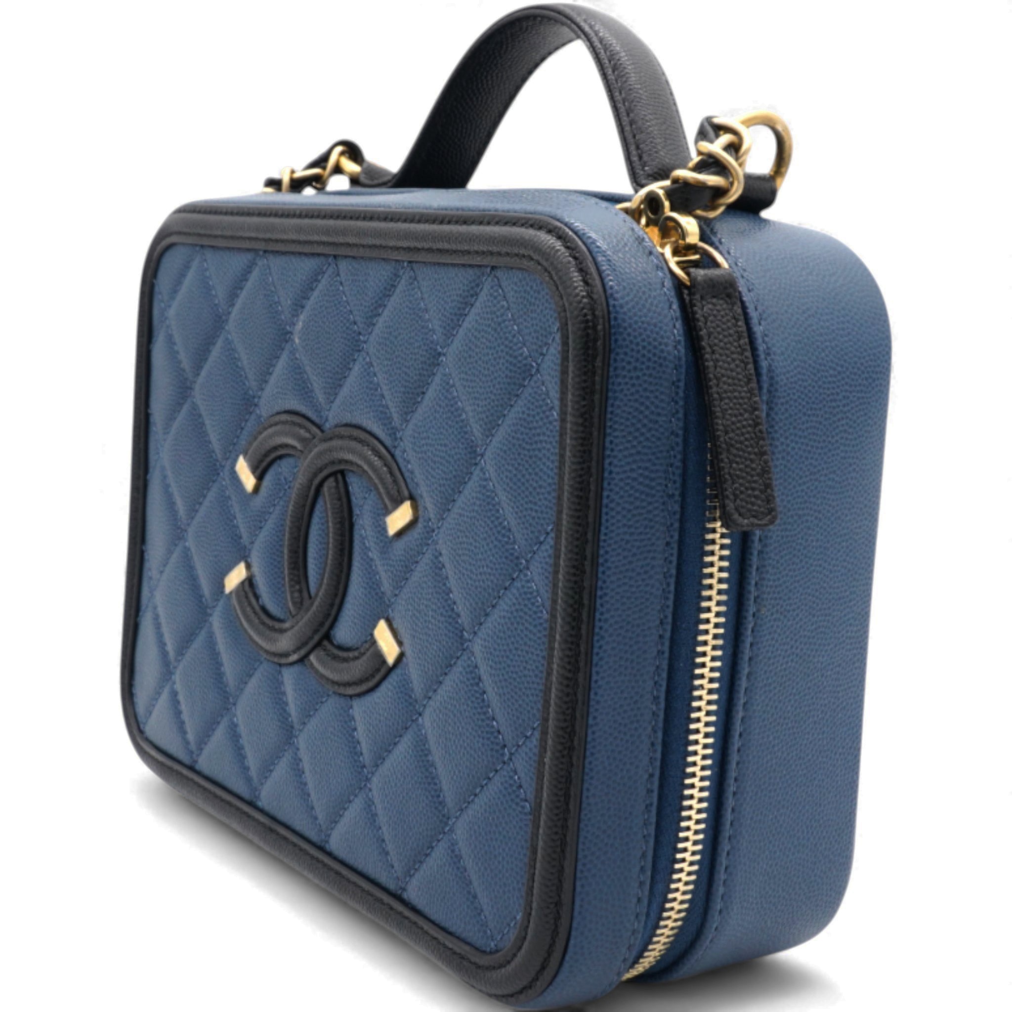 Navy/Black Quilted Caviar Leather Medium CC Filigree Vanity Case Bag