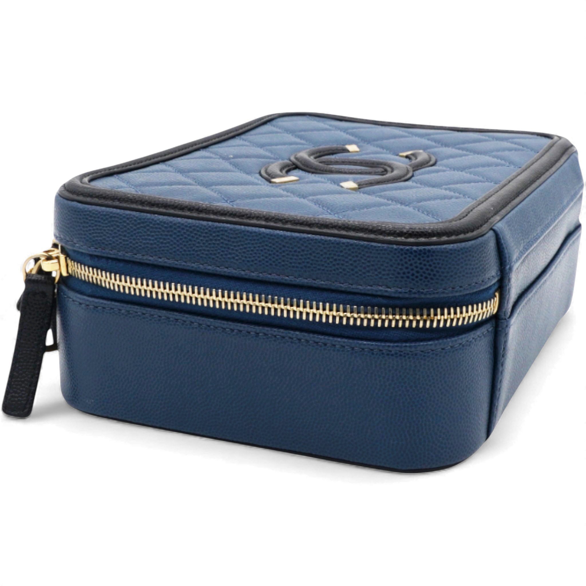 Navy/Black Quilted Caviar Leather Medium CC Filigree Vanity Case Bag