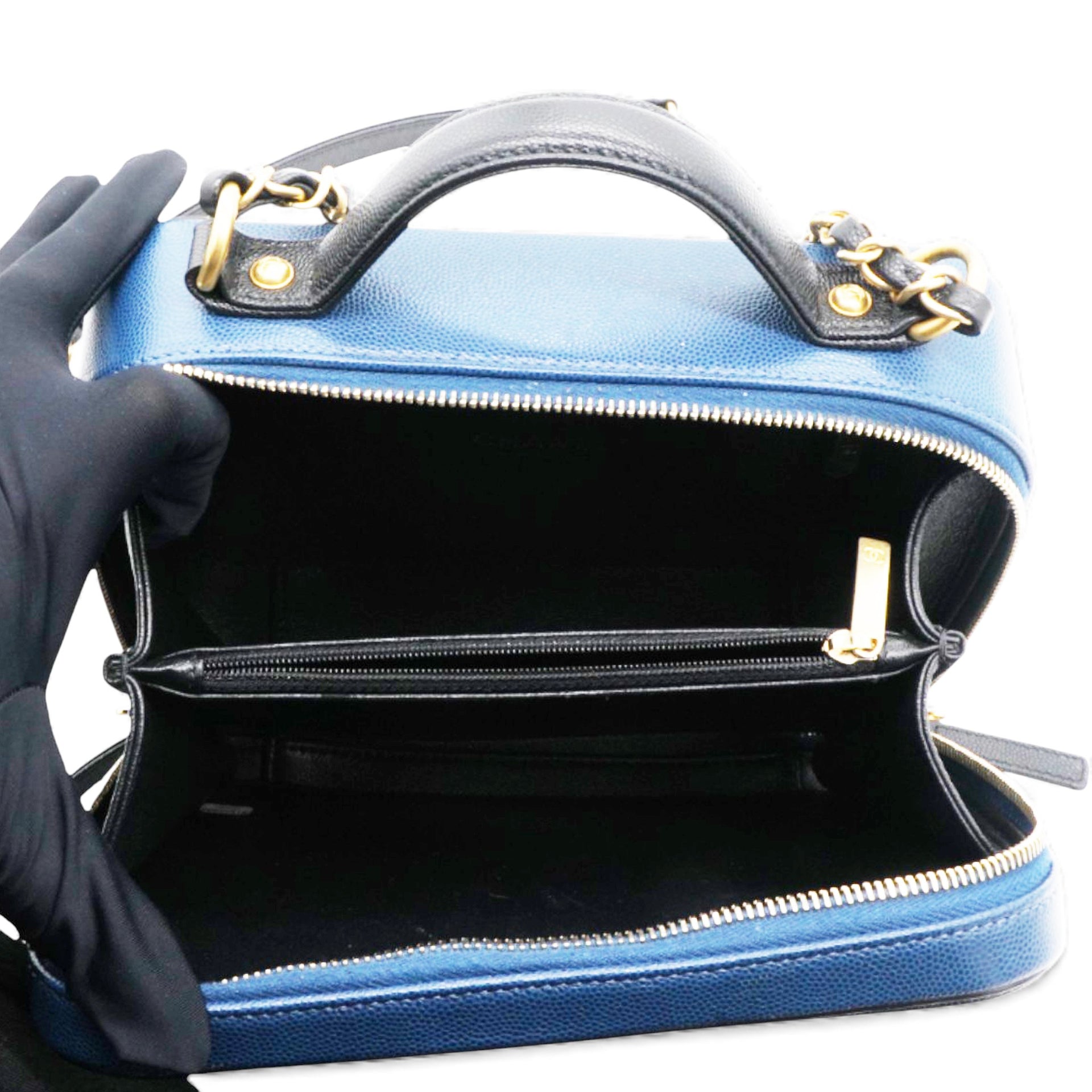 Navy/Black Quilted Caviar Leather Medium CC Filigree Vanity Case Bag