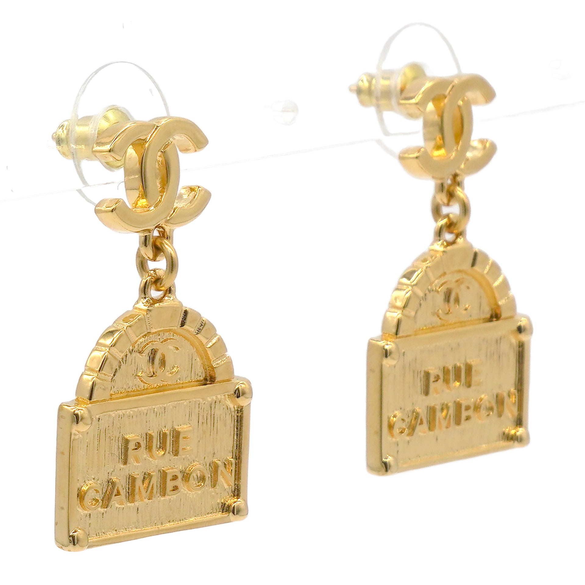 CC Logo Rue Cambon Drop Earrings Gold Tone