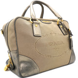 Beige/Metallic Leather and Jacquard Canvas Logo Bauletto Bag