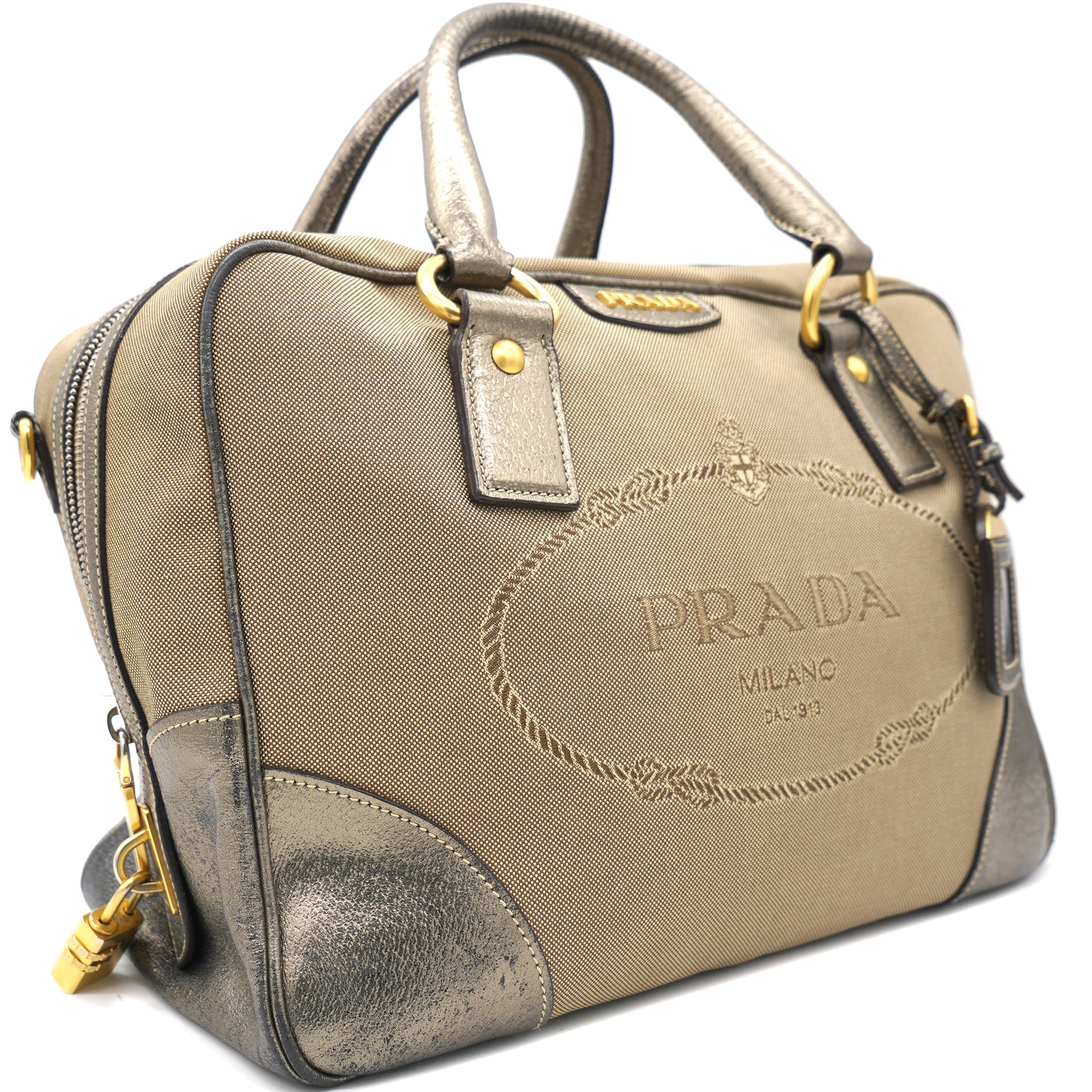 Prada Beige/Metallic Leather and Jacquard Canvas Logo Bauletto Bag –  STYLISHTOP