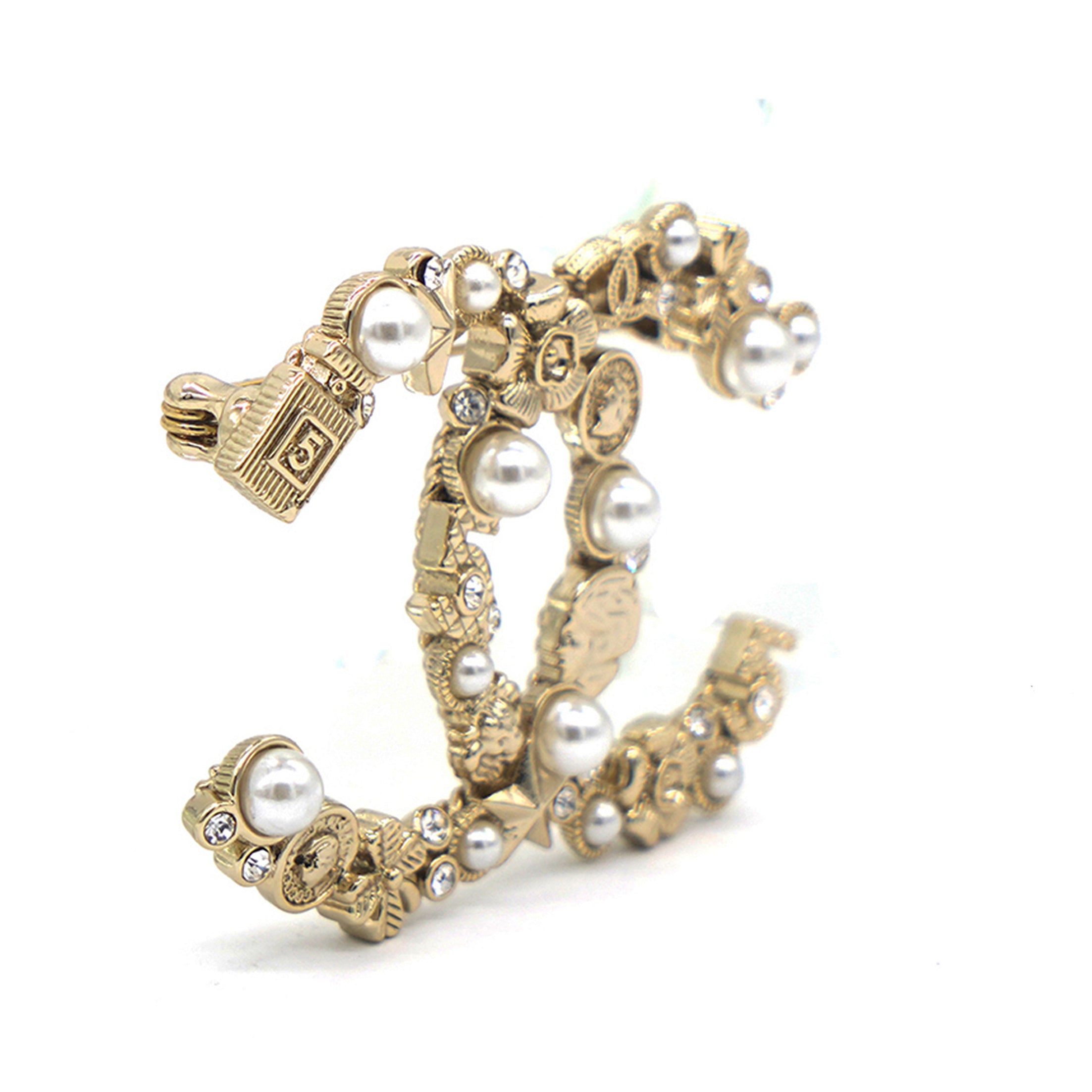 Crystal Pearl CC Charms Brooch Gold