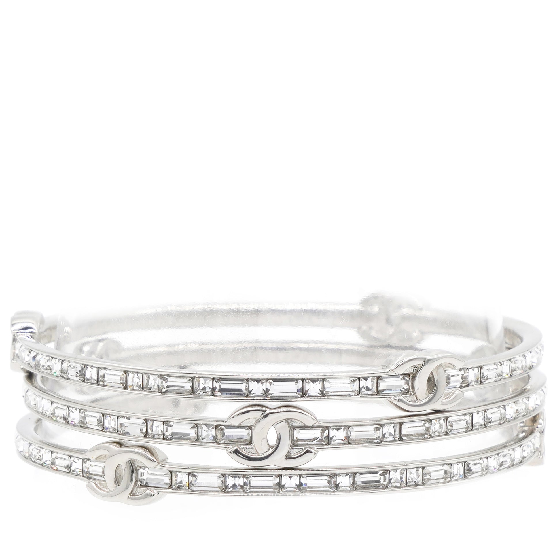 Silver Tone Metal Rhinestone CC Logo Bangle