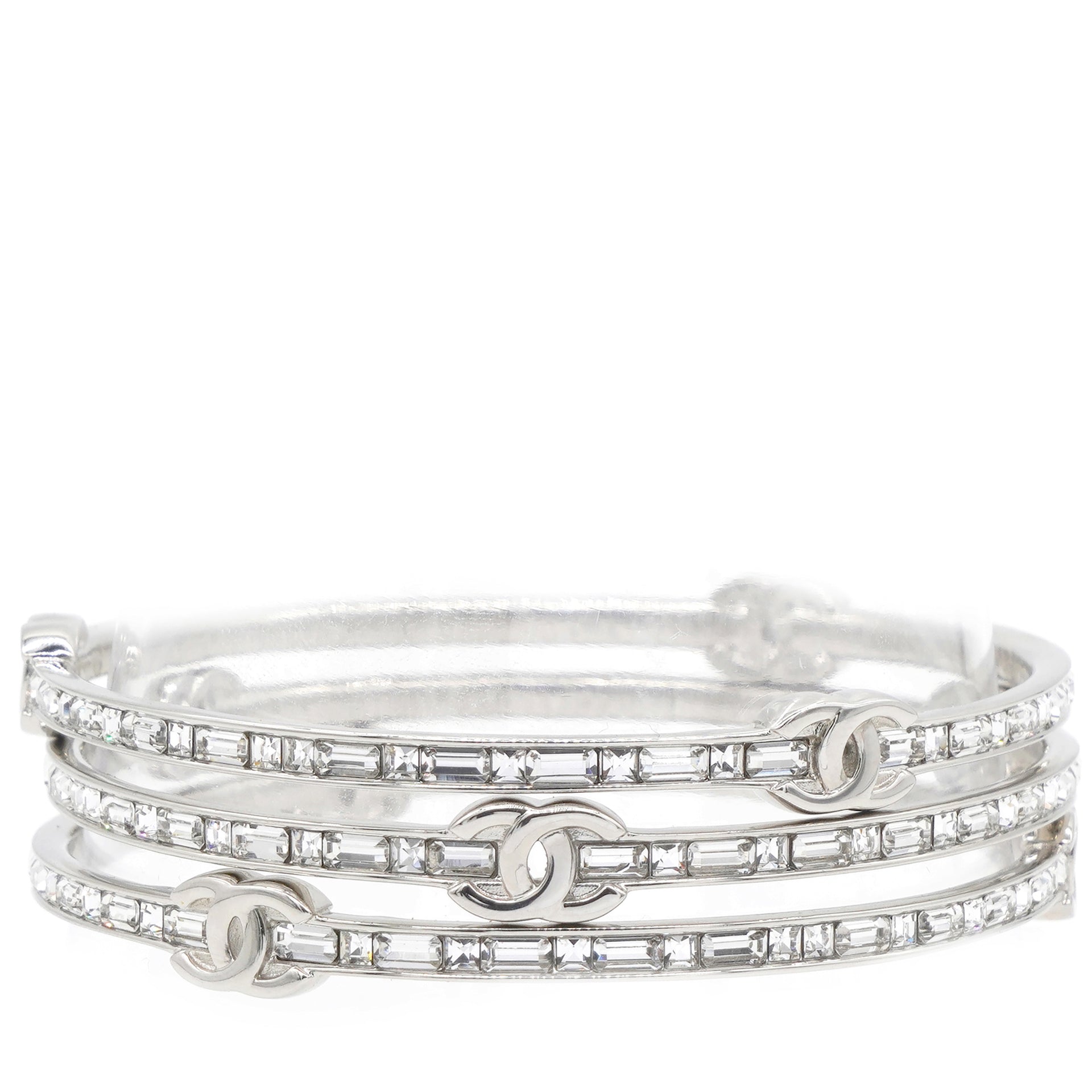 Silver Tone Metal Rhinestone CC Logo Bangle