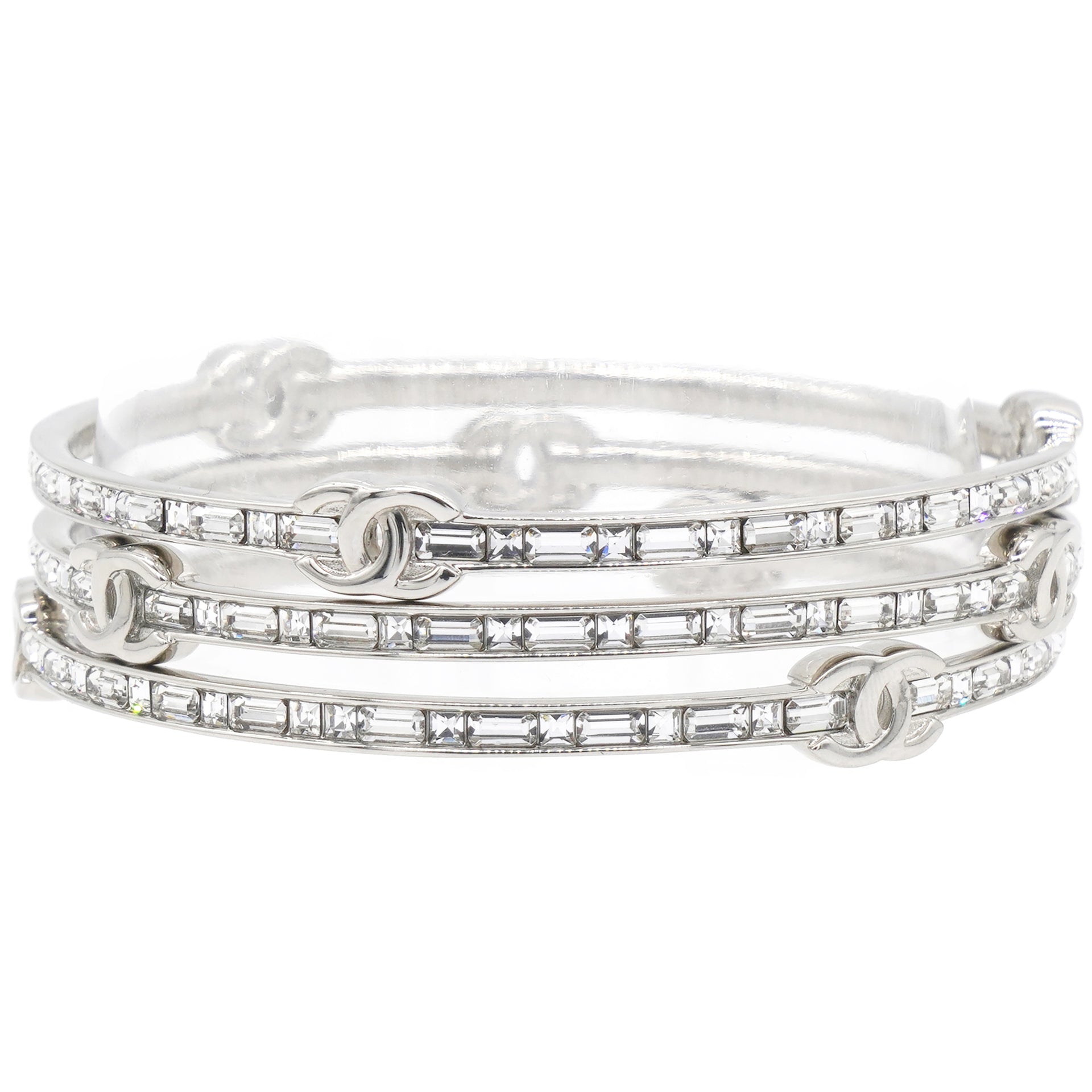 Silver Tone Metal Rhinestone CC Logo Bangle