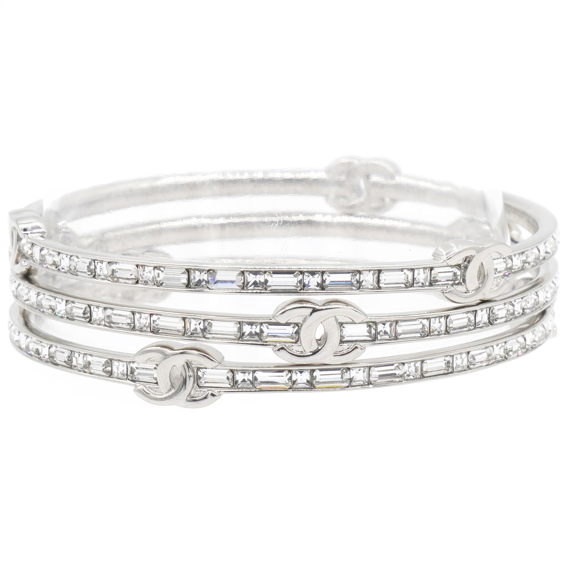 Silver Tone Metal Rhinestone CC Logo Bangle