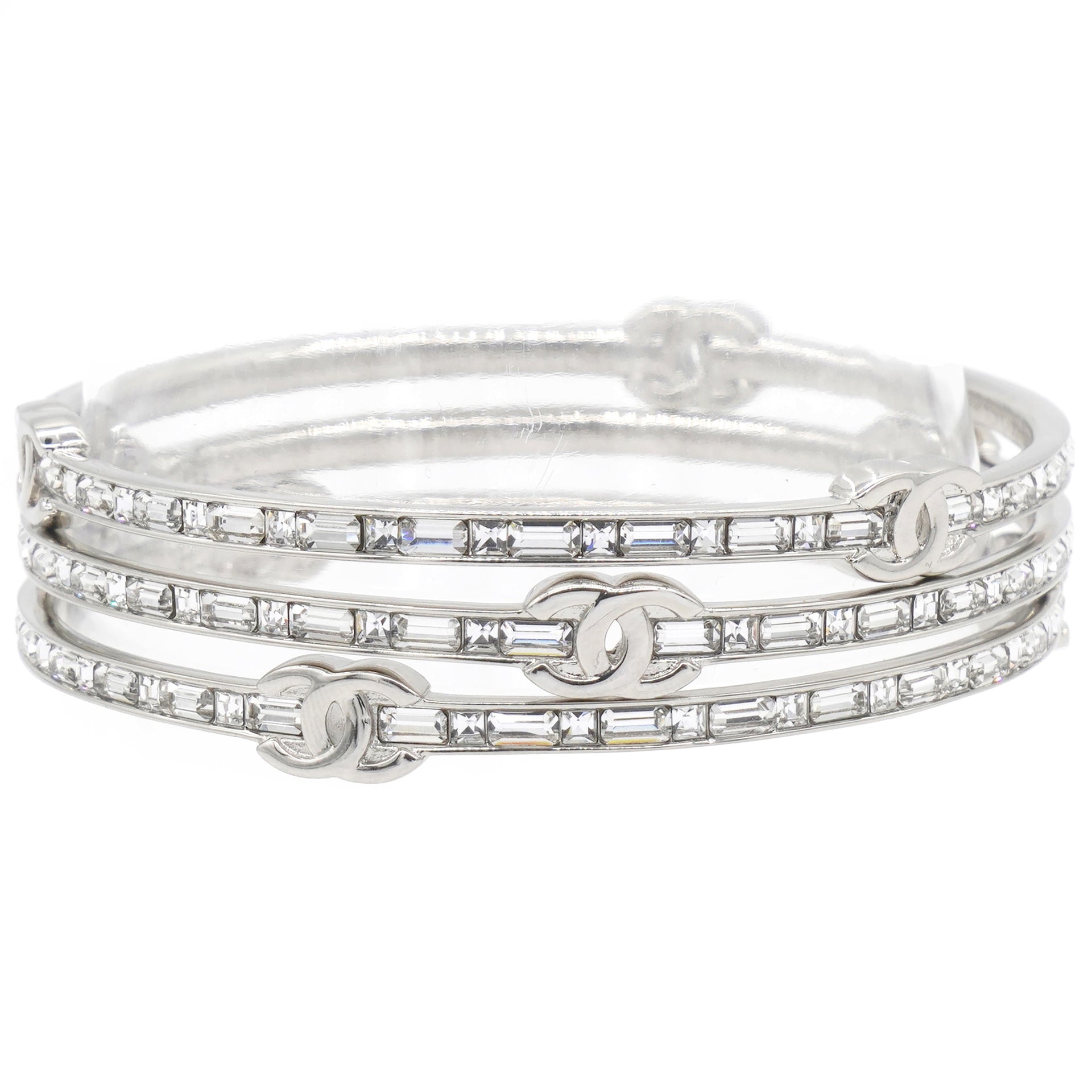 Silver Tone Metal Rhinestone CC Logo Bangle