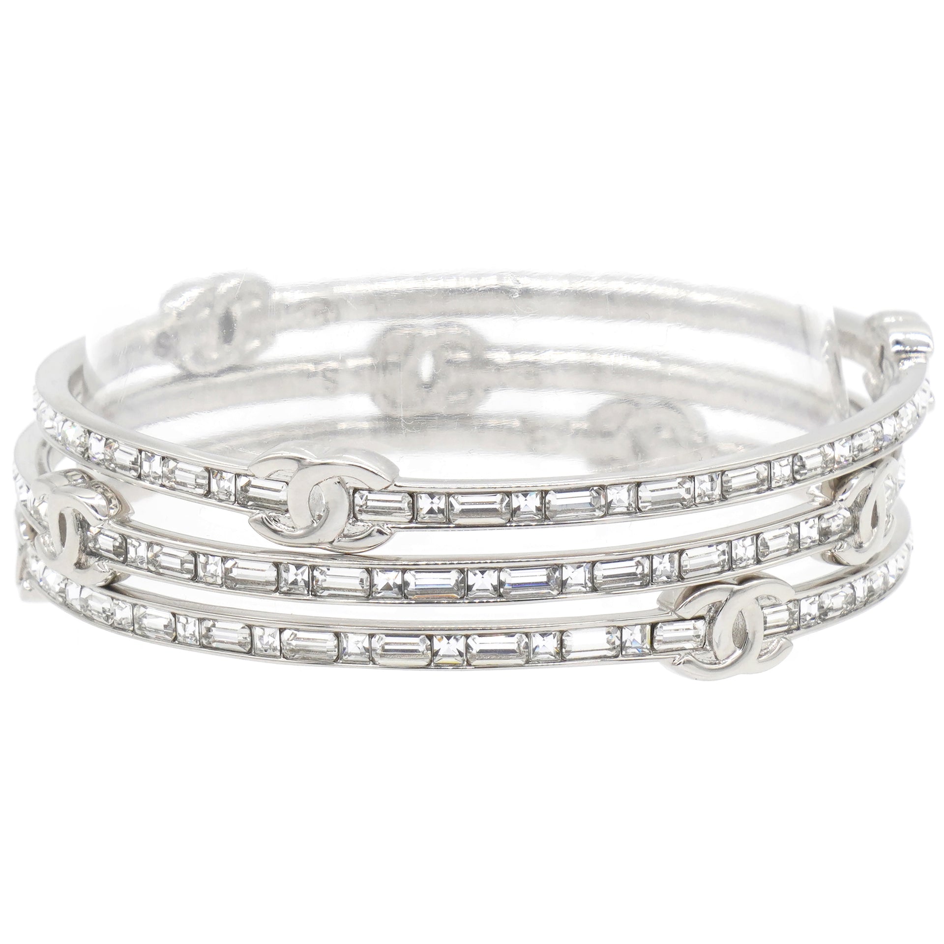 Silver Tone Metal Rhinestone CC Logo Bangle