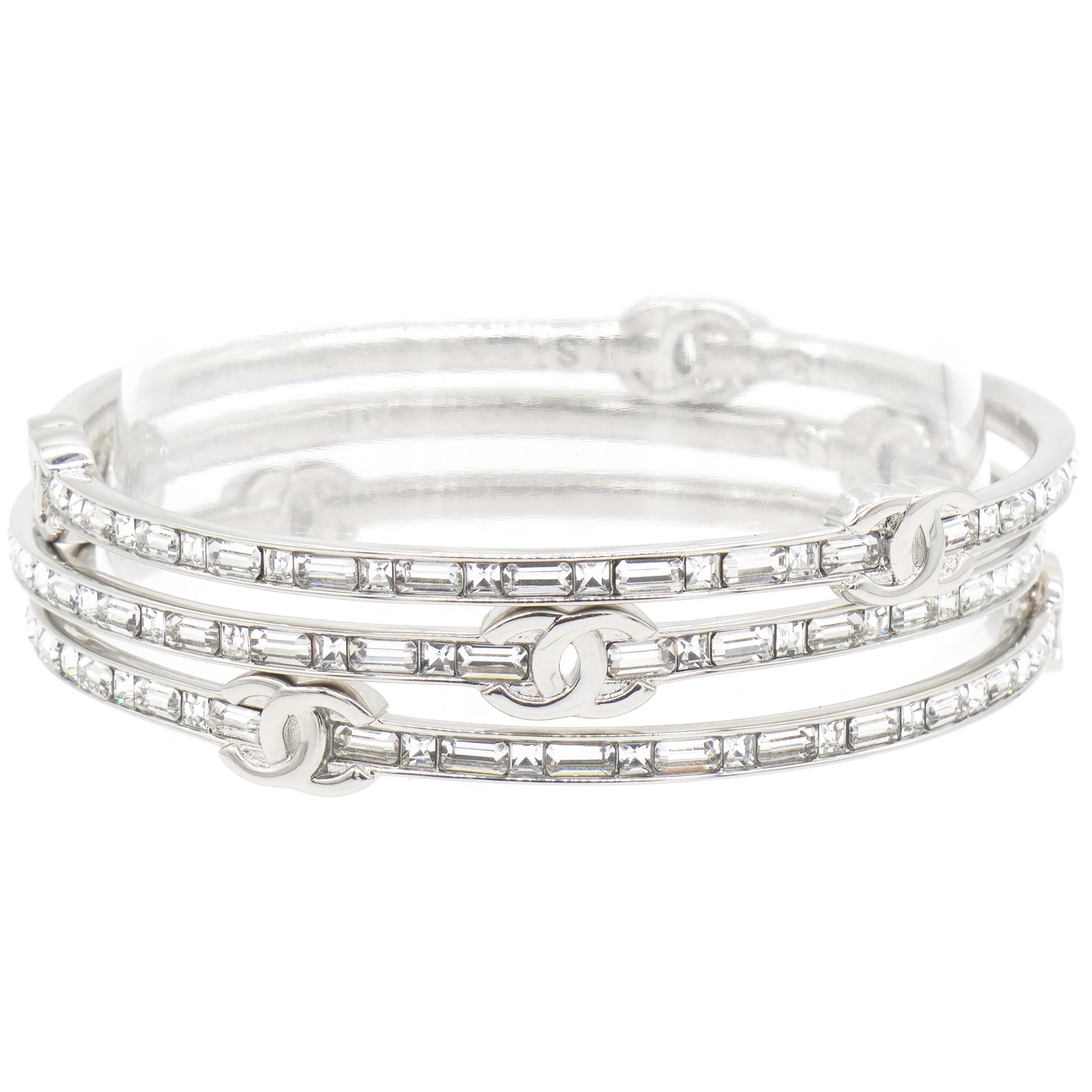 Silver Tone Metal Rhinestone CC Logo Bangle