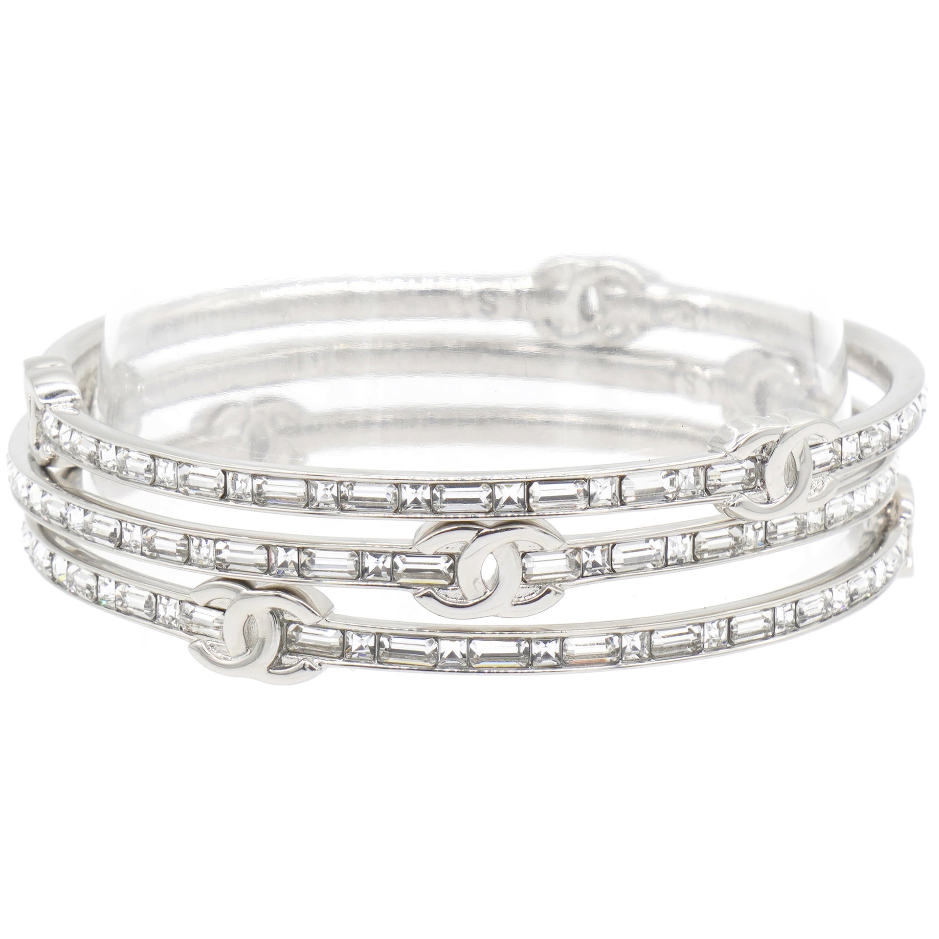 Silver Tone Metal Rhinestone CC Logo Bangle