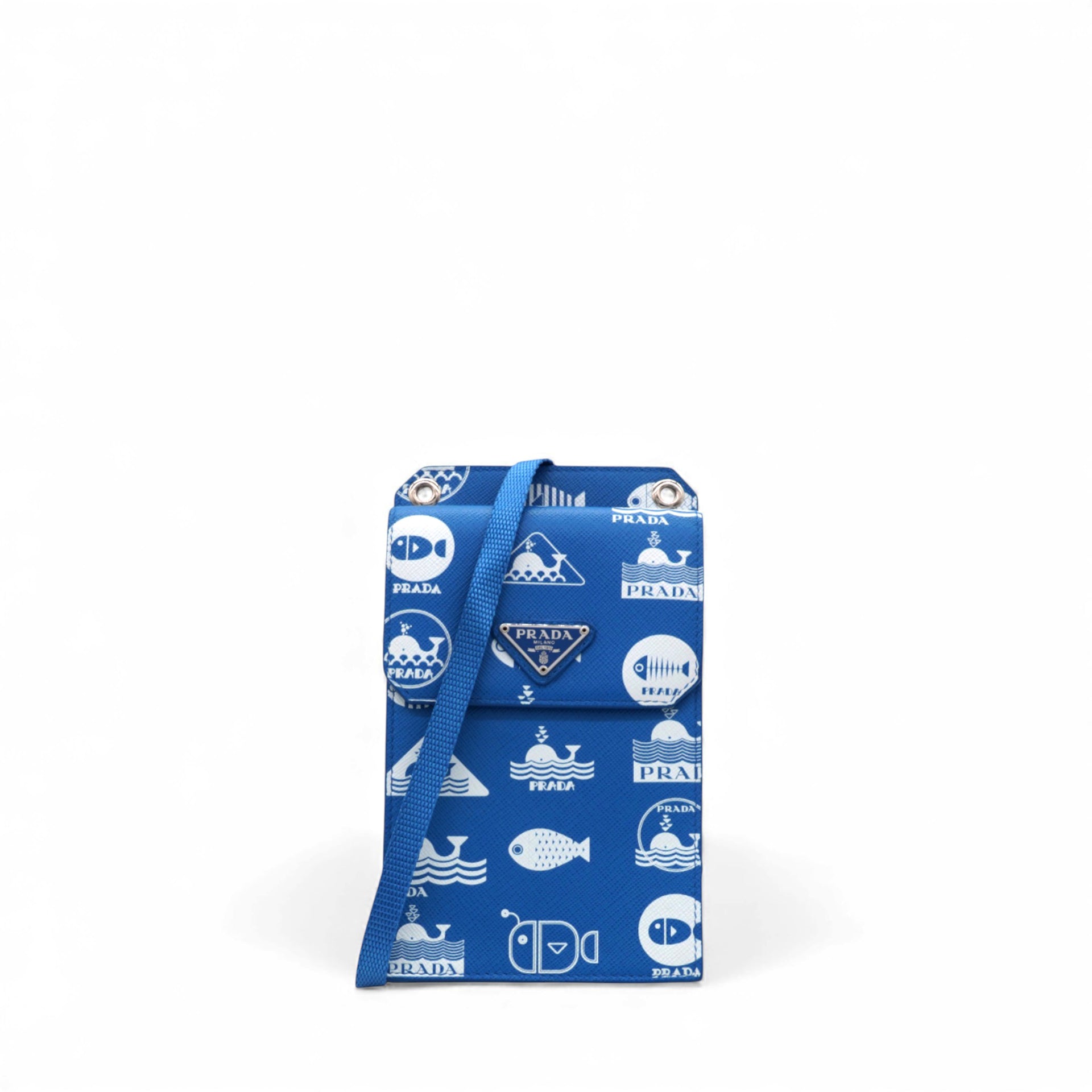 Saffiano Whale Printed Phone Holder Crossbody Bag in Blue Leather