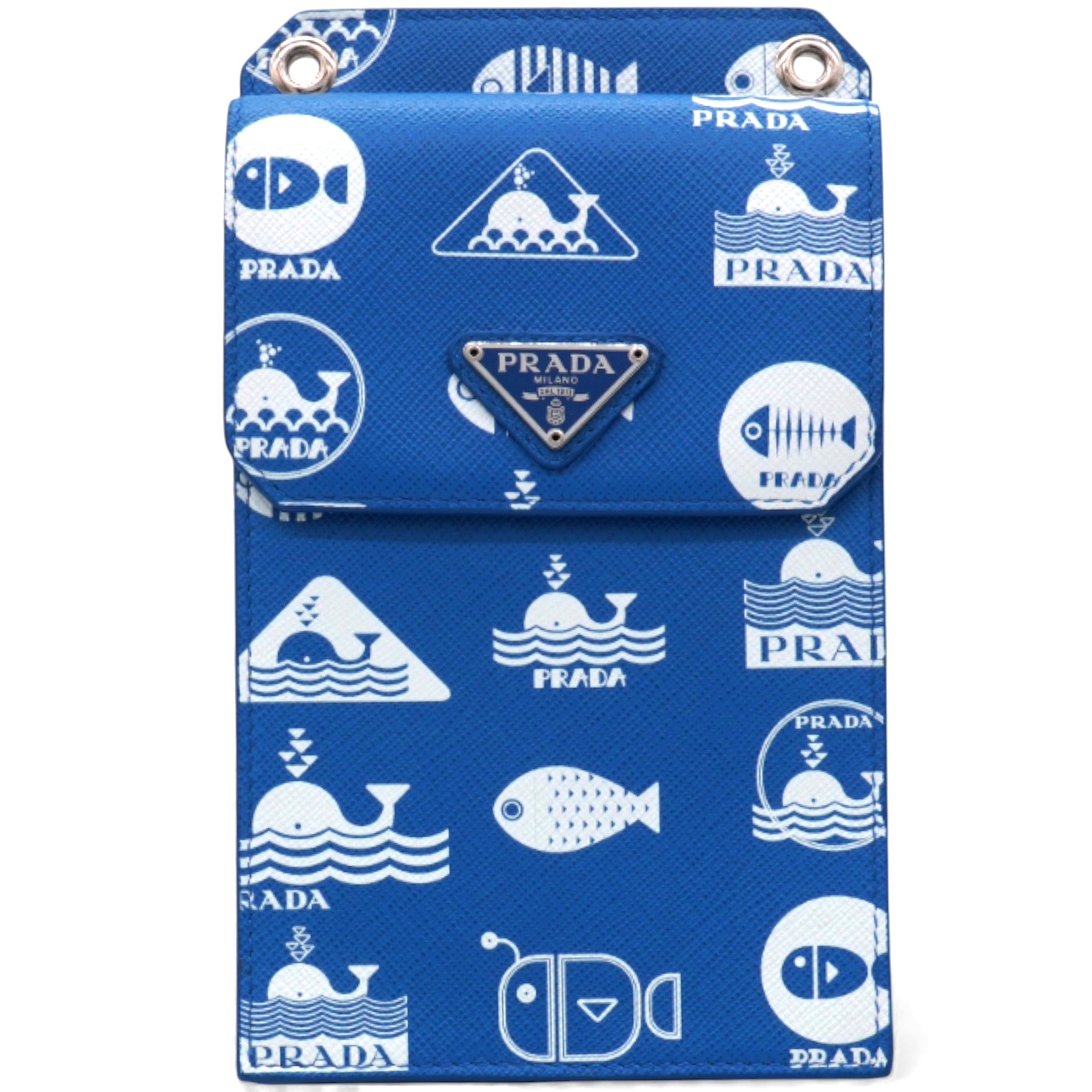 Saffiano Whale Printed Phone Holder Crossbody Bag in Blue Leather
