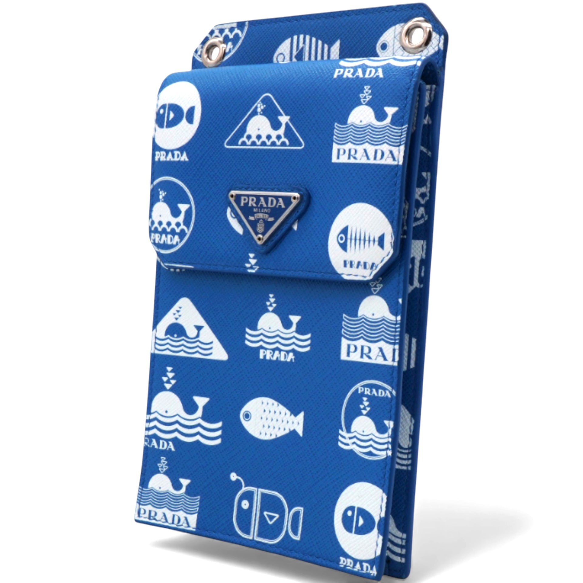 Saffiano Whale Printed Phone Holder Crossbody Bag in Blue Leather