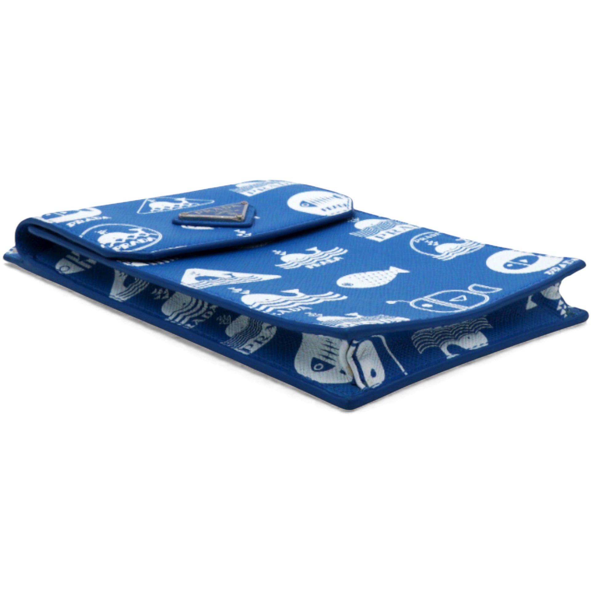 Saffiano Whale Printed Phone Holder Crossbody Bag in Blue Leather